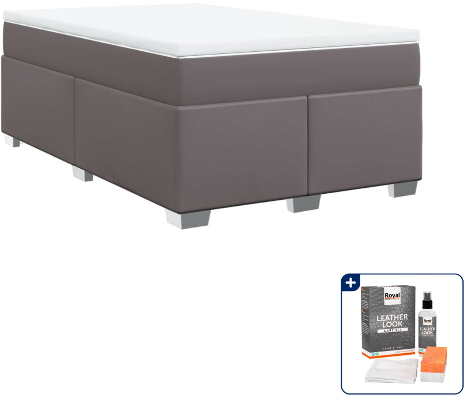 vidaXL boxspring met matras 120 x 200 cm - kunstleer - grijs - Inclusief onderhoudsset voor kunstleer 150 ml