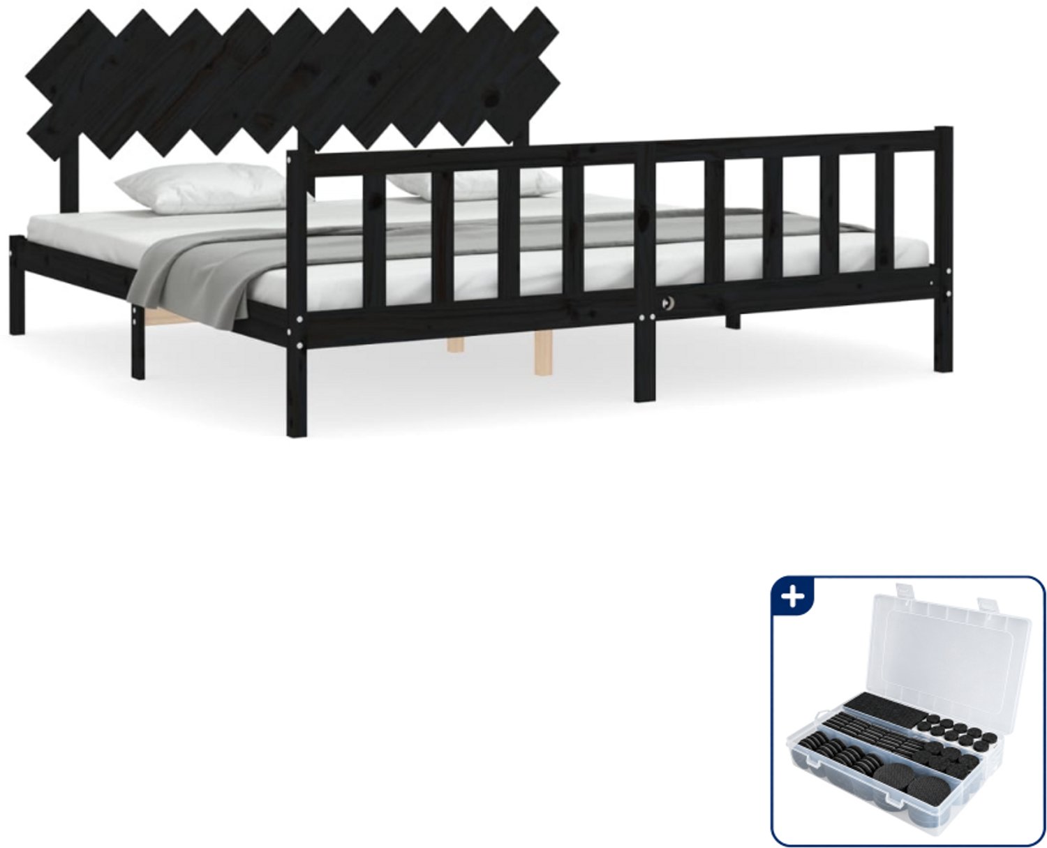 vidaXL bedframe - 200 x 200 cm - massief grenenhout - zwart - Inclusief antikrasvilt 177-delig