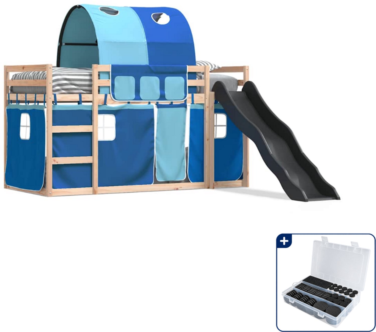 vidaXL stapelbed met glijbaan en gordijnen - 80 x 200 cm - blauw - Inclusief antikrasvilt 177-delig Bruin