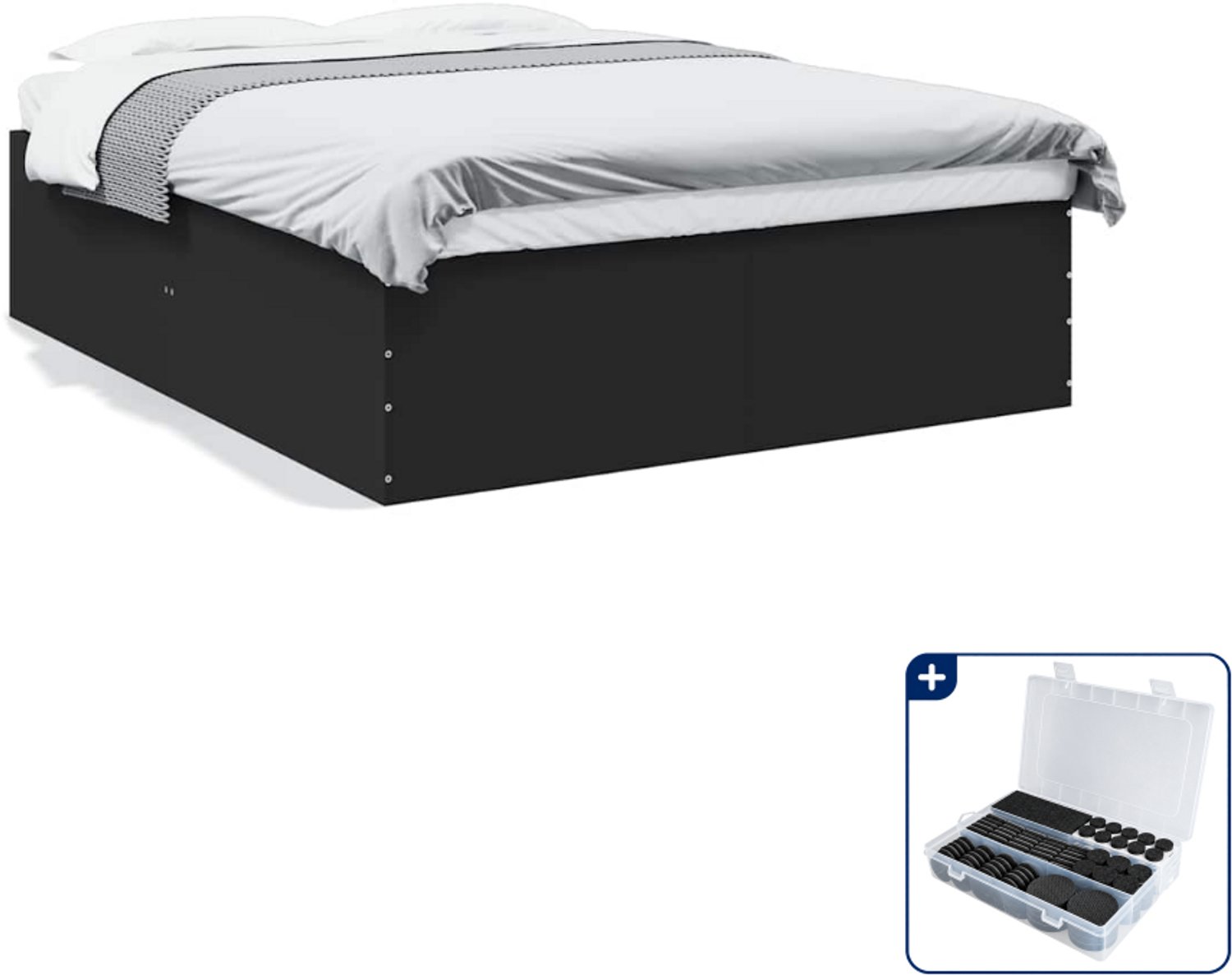 vidaXL bedframe - 150 x 200 cm - bewerkt hout - zwart - Inclusief antikrasvilt 177-delig Grijs