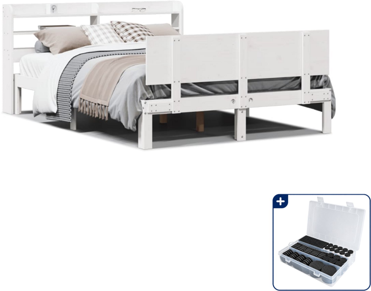 vidaXL Bedframe Small double - 140 x 200 cm - massief grenenhout - wit - Inclusief antikrasvilt 177-delig