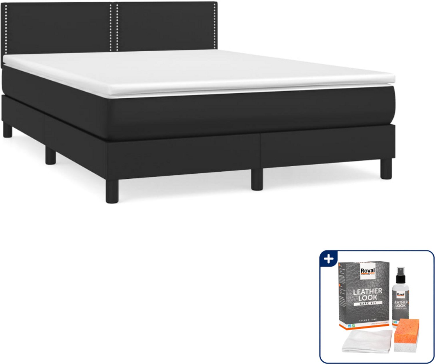 vidaXL Boxspring met matras - Small double - 140 x 200 cm - zwart - Inclusief onderhoudsset voor kunstleer 150 ml
