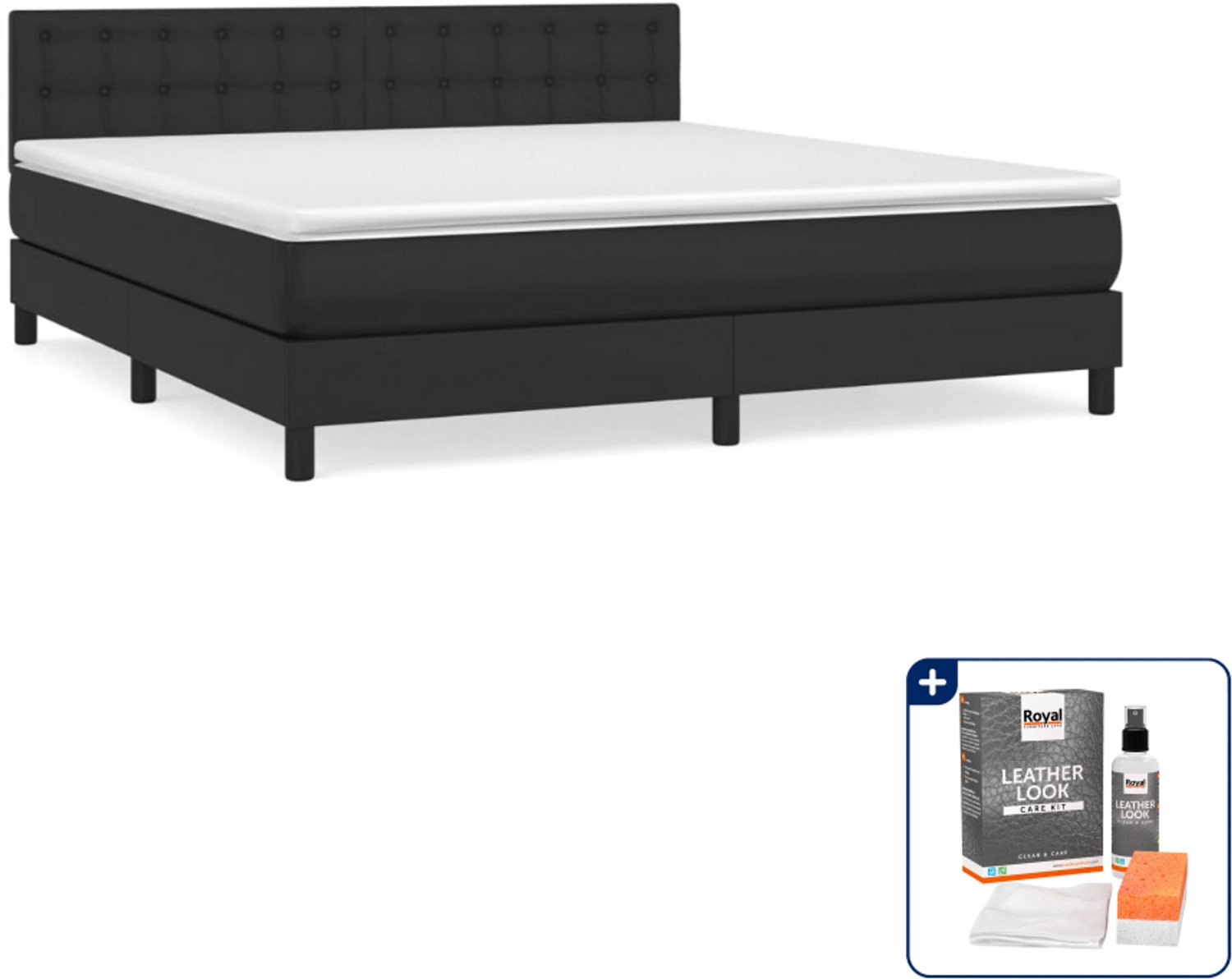 vidaXL Kingsize boxspring - 180 x 200 cm - kunstleer - zwart - Inclusief onderhoudsset voor kunstleer 150 ml