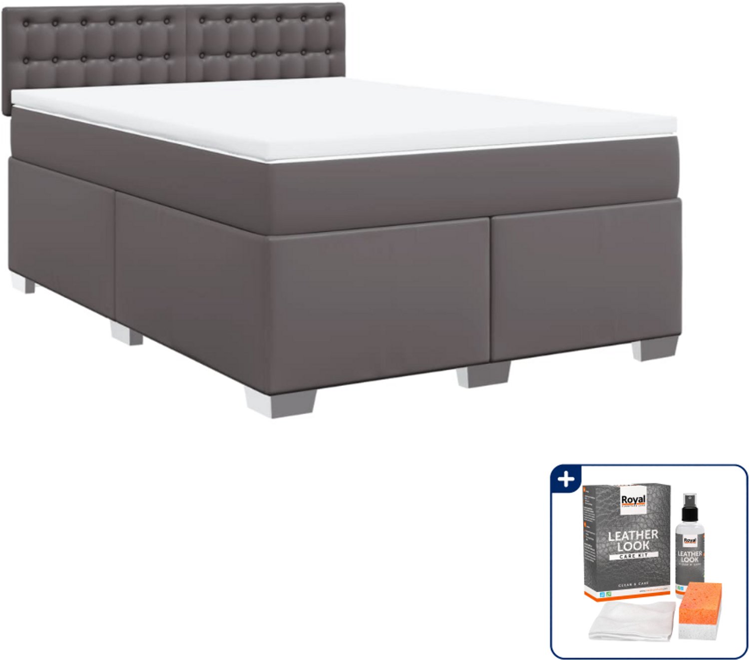 vidaXL Boxspring met matras - 140 x 190 cm - kunstleer - grijs - Inclusief onderhoudsset voor kunstleer 150 ml