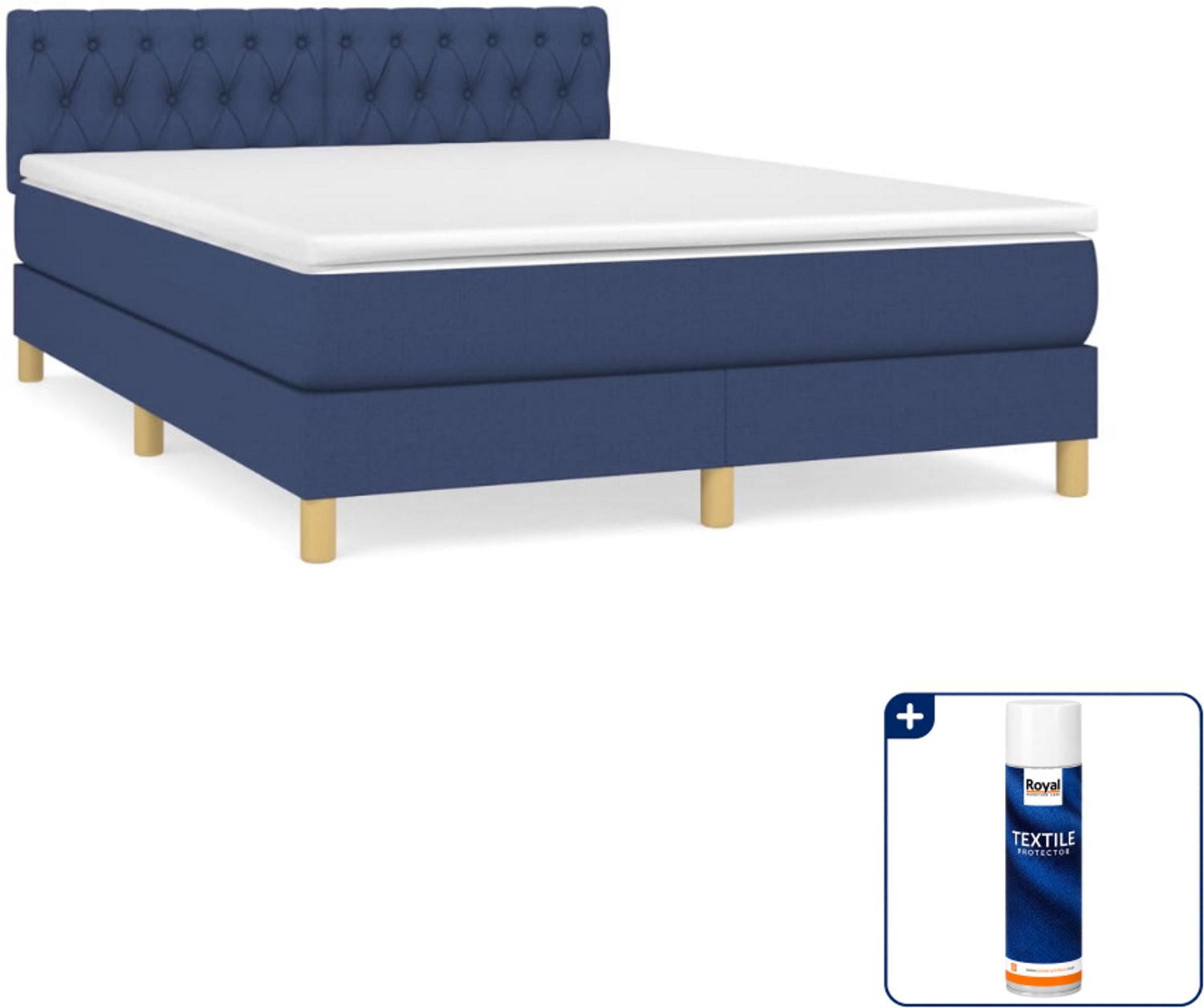 vidaXL boxspring met matras - 140 x 190 cm - blauw - Inclusief textielbeschermer 500 ml