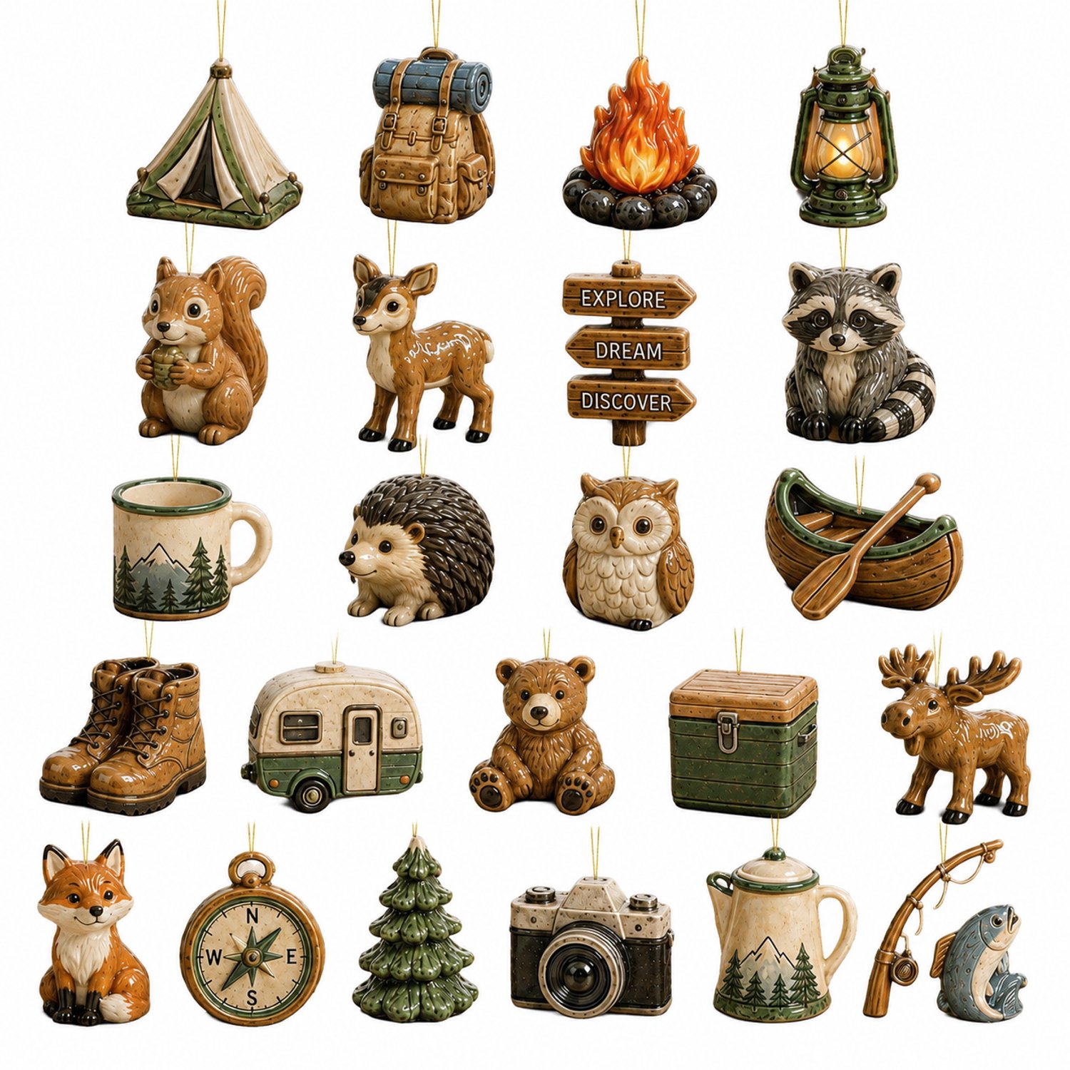 Adventskalender met 24 hangdecoraties - Kampeerthema en bosdieren - Groene doos - Verpakking 26 x 18 x 3 cm