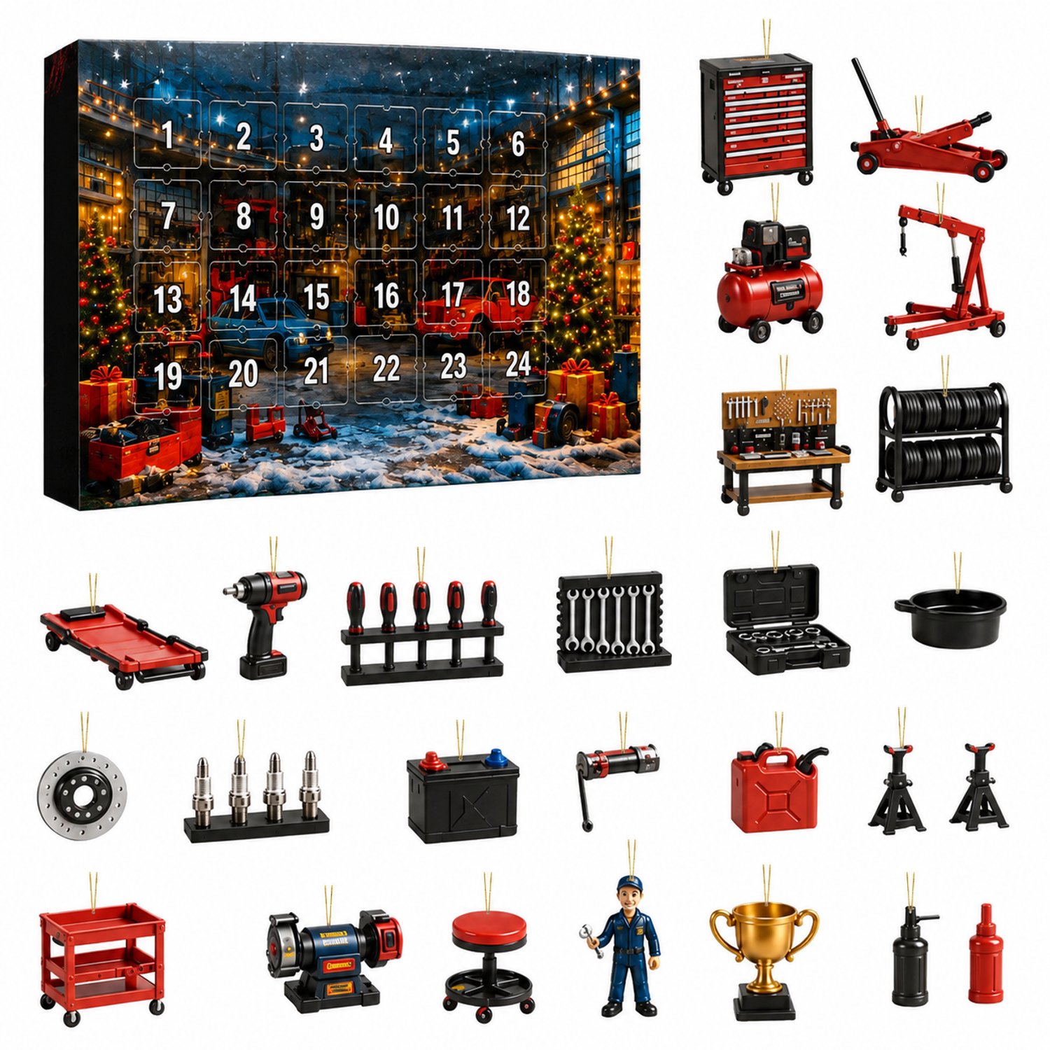 Adventskalender 2026 met garagethema - 24 dagen aftellen - Platte hangdecoraties - Variant met rode gereedschapskar - In doos