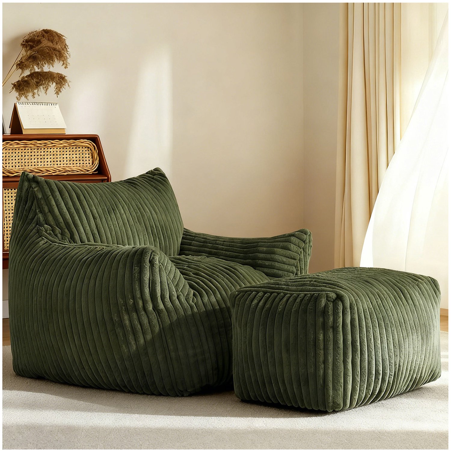 MODENUIT Fauteuil 100 x 90 x 70 cm - Met Hocker en Brede Armleuningen - Voor Woonkamer - Stof - Groen