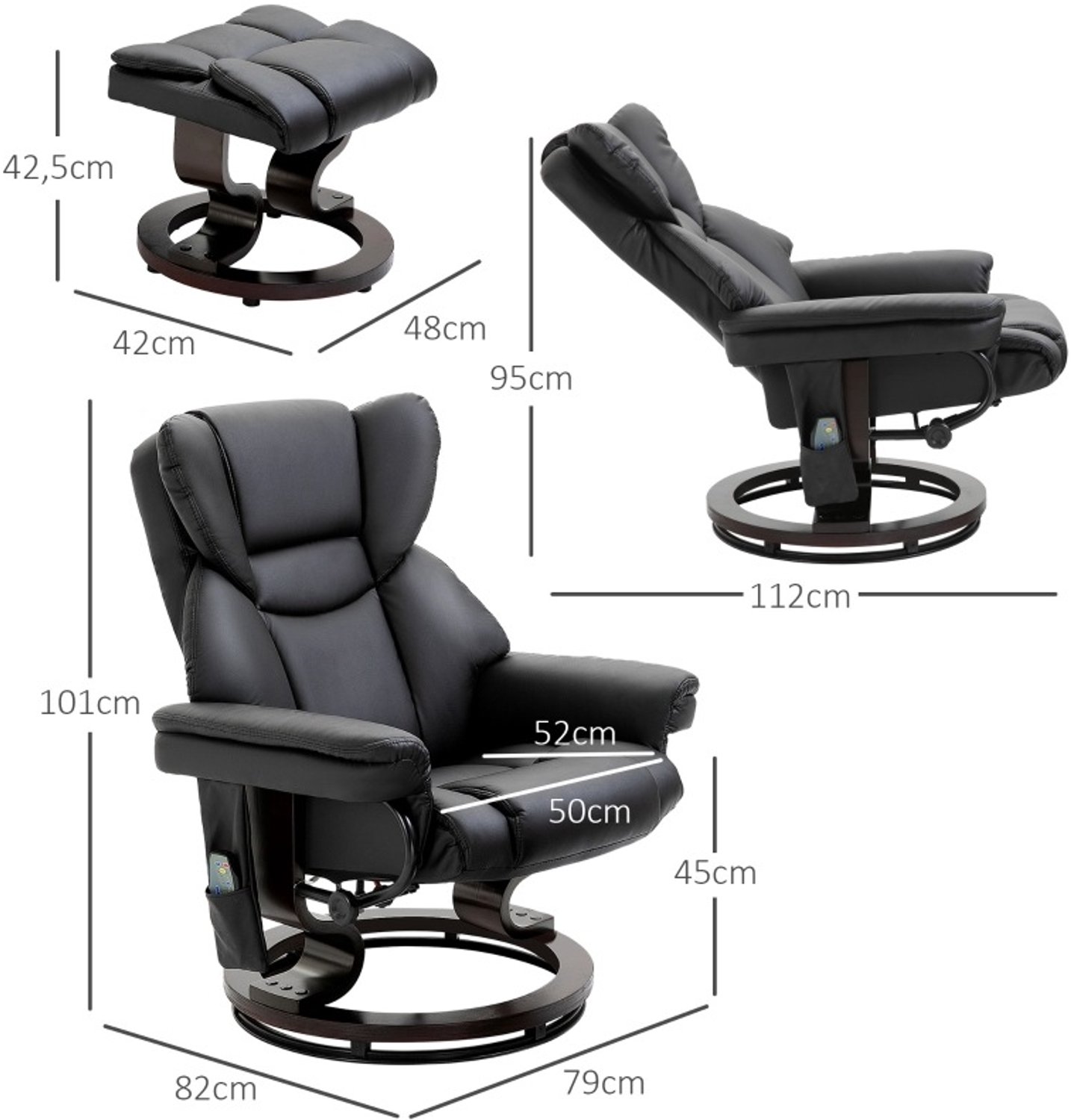 DESMIU Relaxfauteuil 79 x 82 x 101 cm - Massagefunctie en Verstelbare Rugleuning - Voor Ontspanning Thuis - Kunstleer - Zwart