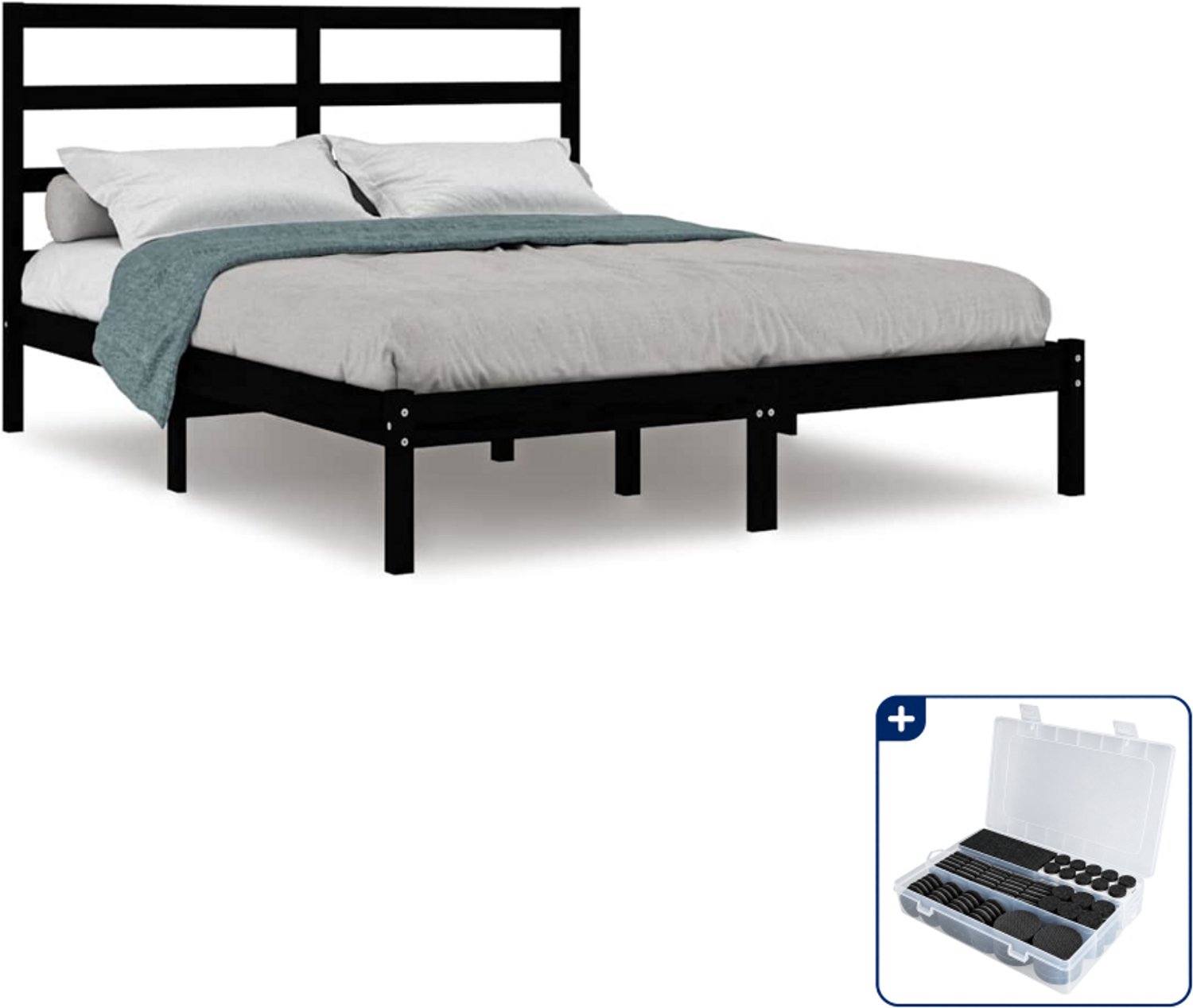 vidaXL bedframe - 140 x 190 cm - massief grenenhout - zwart - Inclusief antikrasvilt 177-delig Blauw