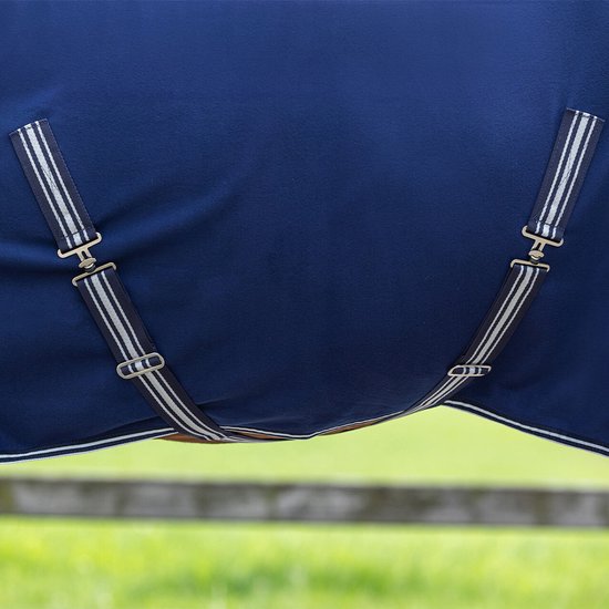 Detailopname van de buiksingels met zilverkleurige sluitingen en gestreept patroon op een donkerblauwe deken.