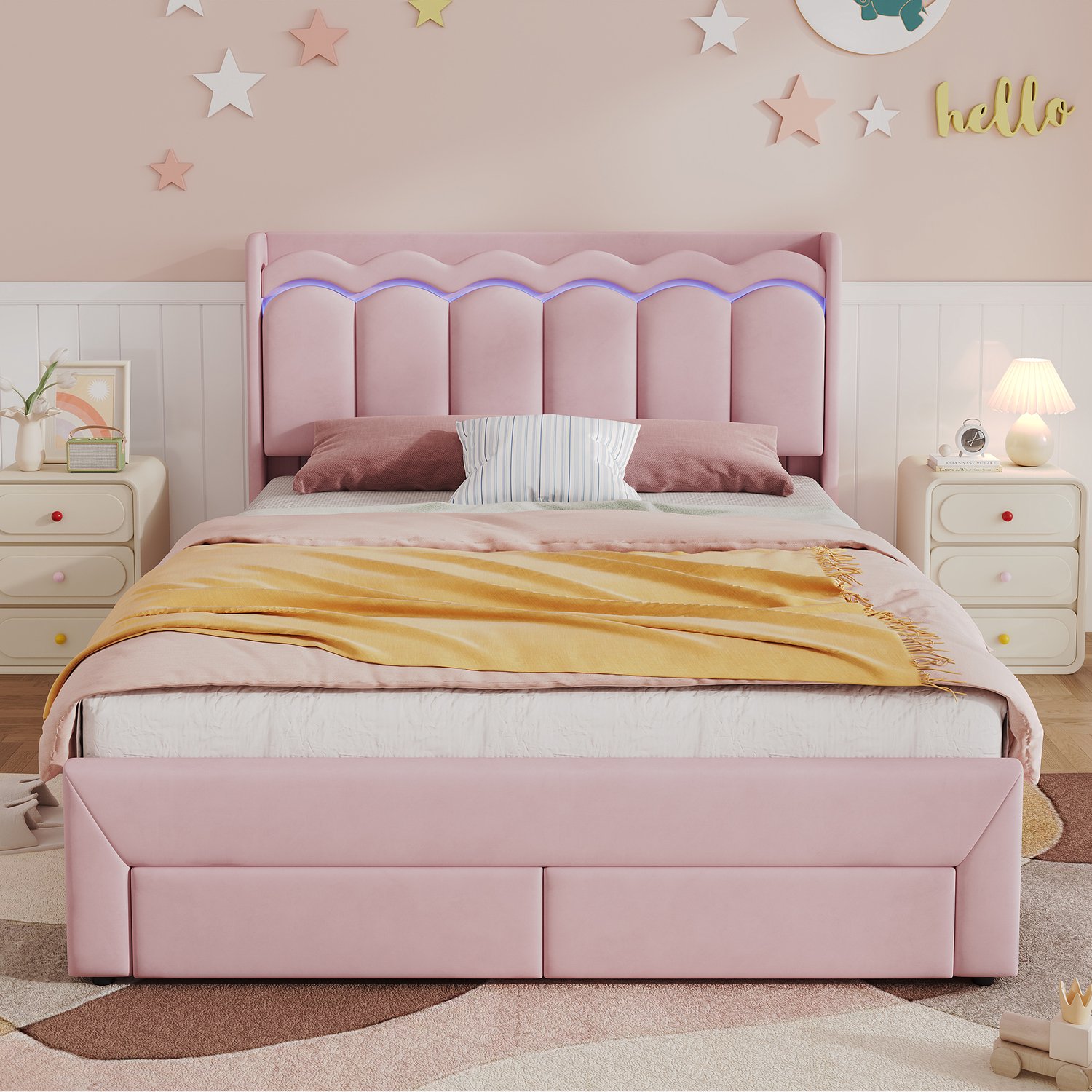 Wishdor Kinderbed 140x200 cm - Roze fluwelen bekleding - Twee bedladen en golvend hoofdbord met aflegvlak - LED-verlichting met appbediening - Kinderkamer en tienerkamer