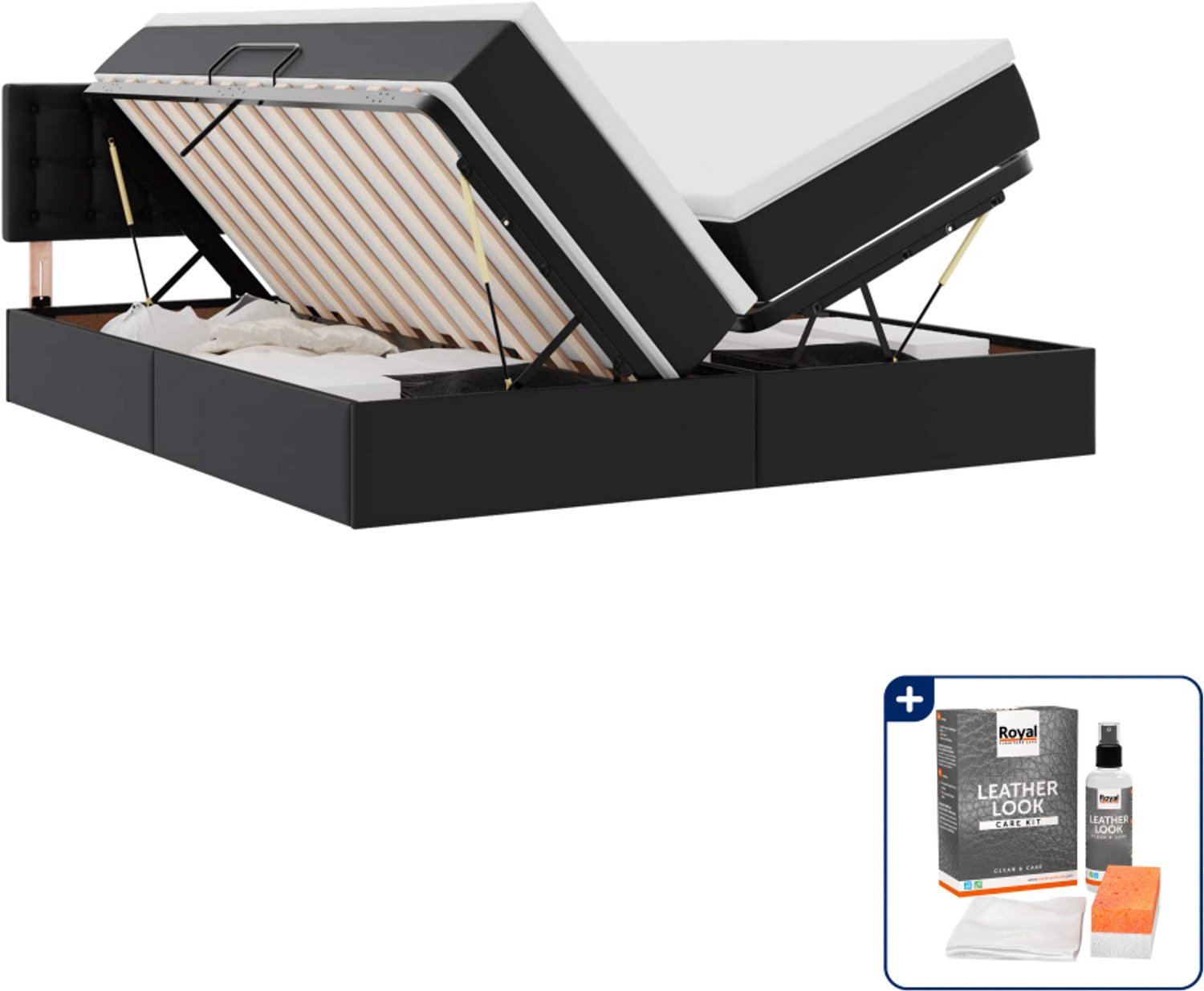 vidaXL Kingsize opbergbed met LED - 180 x 200 cm - kunstleer - zwart - Inclusief onderhoudsset voor kunstleer 150 ml Lichtgrijs