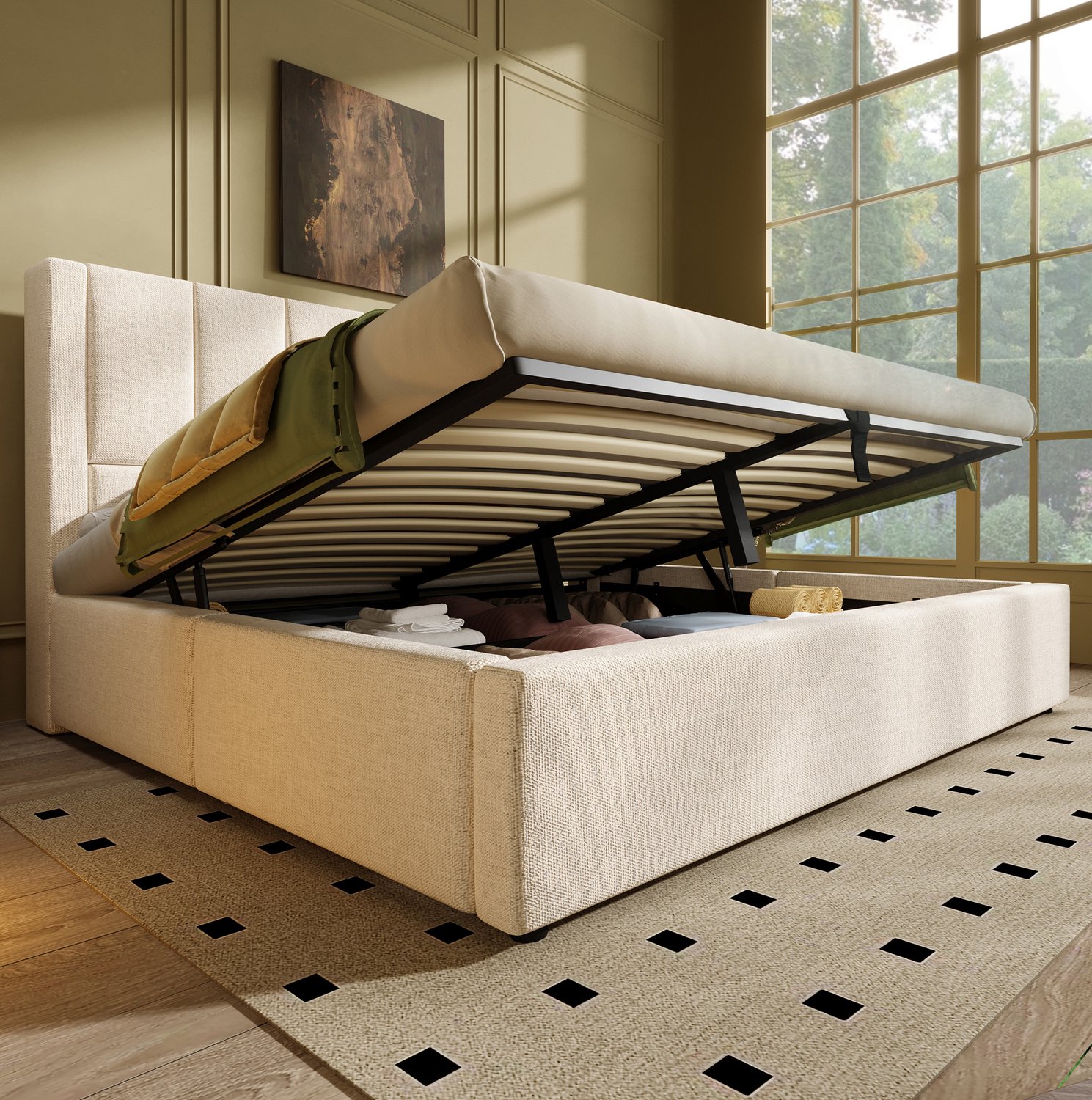 Maisentiel Gestoffeerd bed 160x200 cm beige – opbergruimte, lattenbodem en oplaadstation