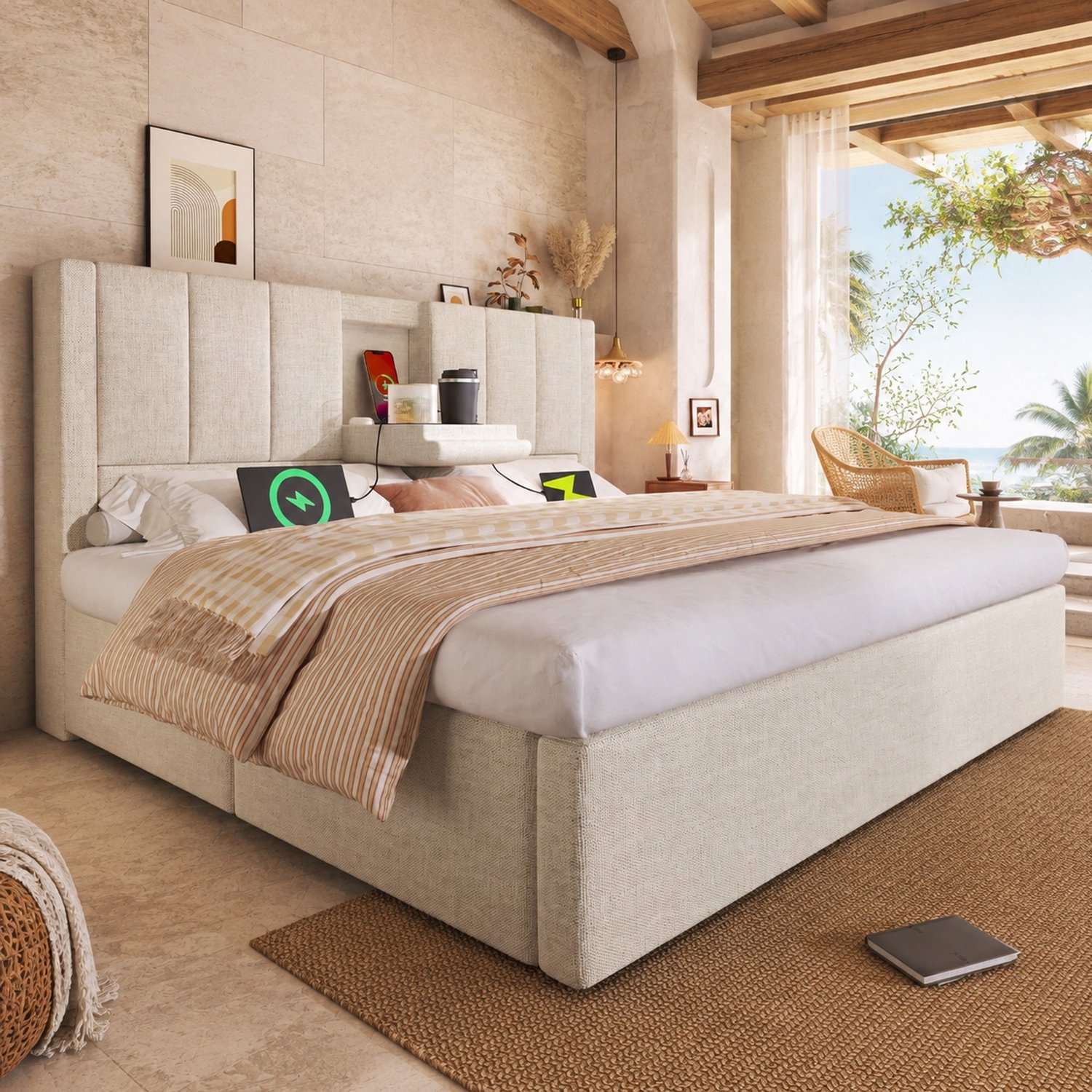Maisentiel Gestoffeerd tweepersoonsbed 140 x 200 cm beige met opbergruimte en oplaadpunten