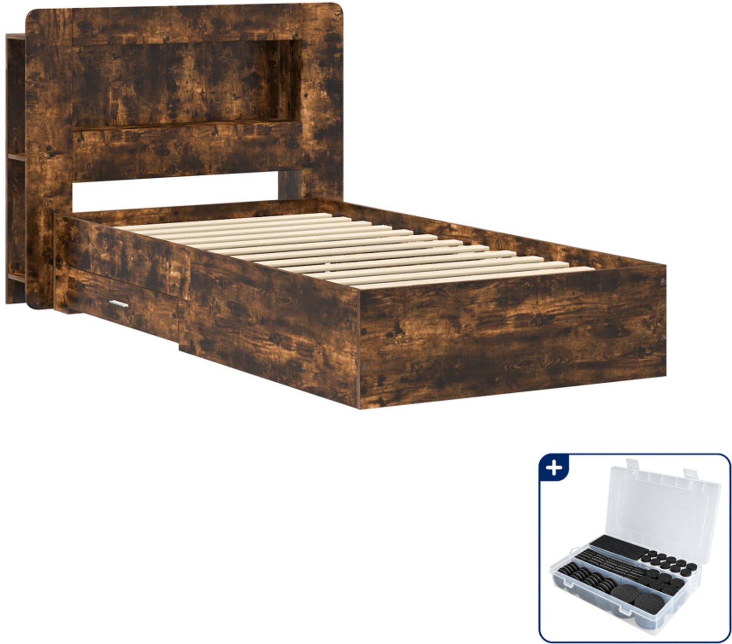vidaXL Bedframe met opbergruimte - 90 x 190 cm - bewerkt hout - gerookt eiken - Inclusief antikrasvilt 177-delig Bruin