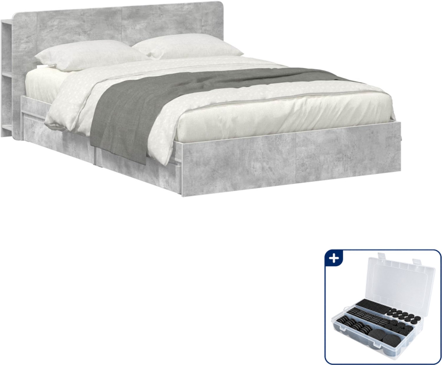 vidaXL bedframe met opslag - 150 x 200 cm - bewerkt hout - betongrijs - Inclusief antikrasvilt 177-delig