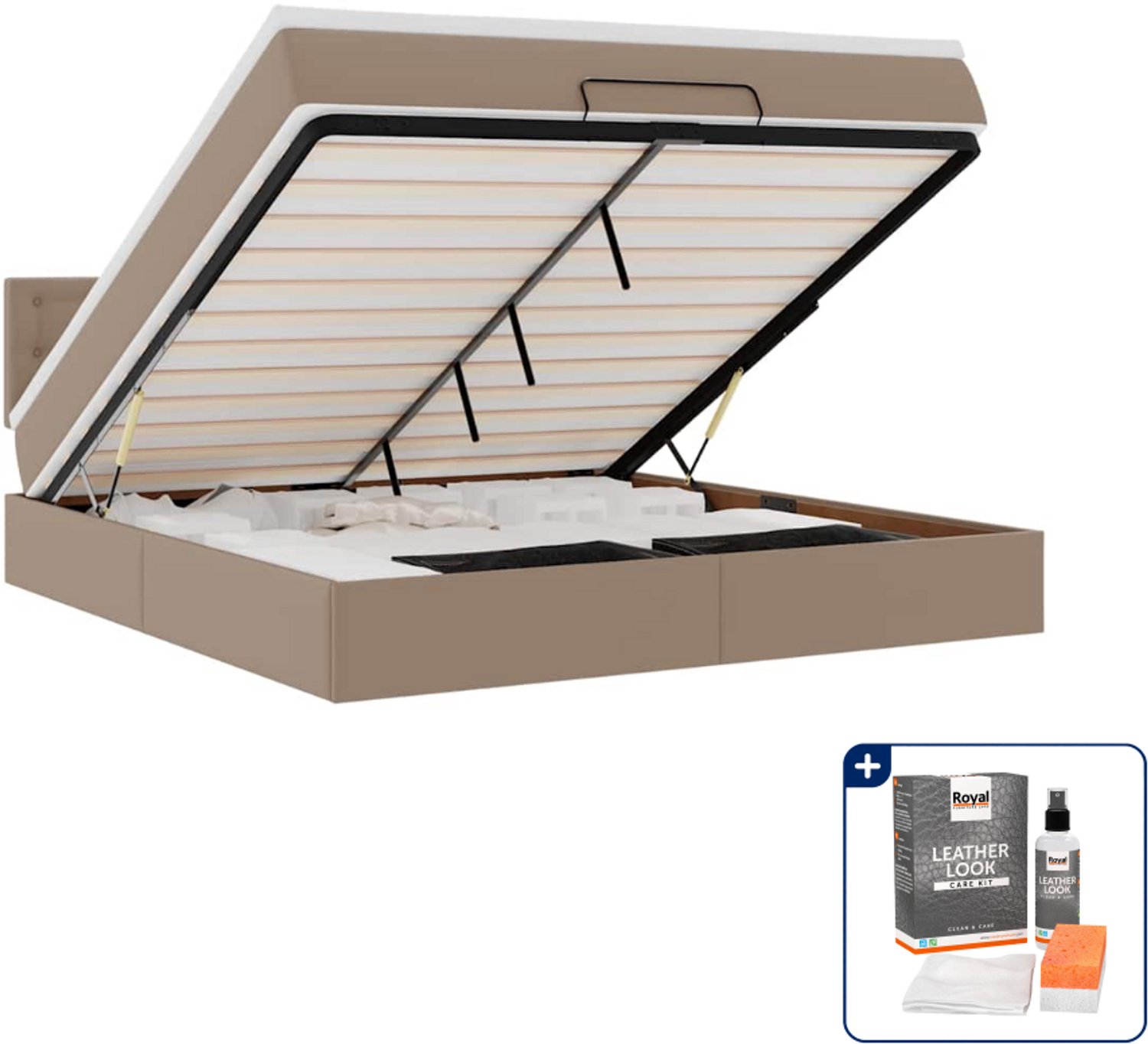 vidaXL Queensize bed met matras en topper - 160 x 200 cm - cappuccino - Inclusief onderhoudsset voor kunstleer 150 ml Zwart