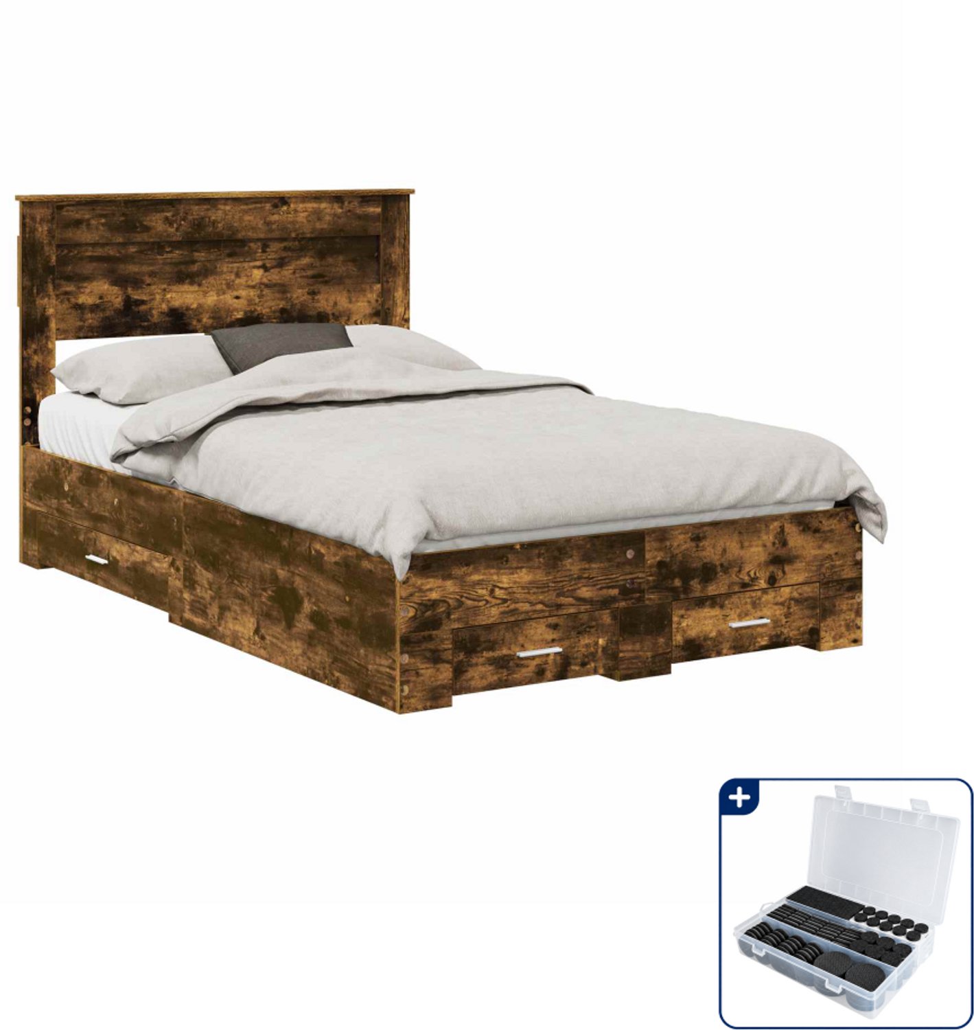 vidaXL bedframe met lade - 135 x 190 cm - bewerkt hout - gerookt eiken - Inclusief antikrasvilt 177-delig Zwart