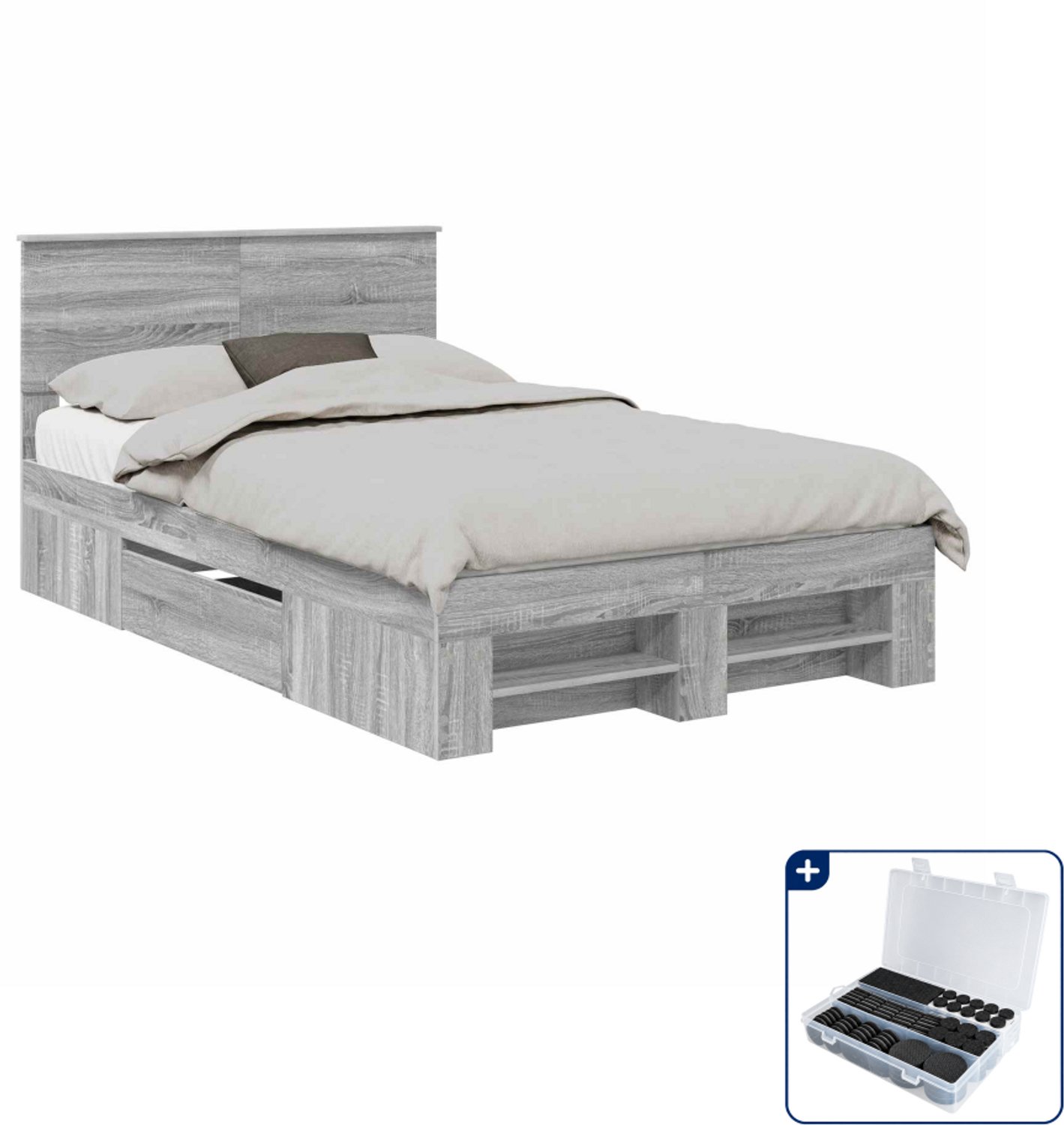 vidaXL bedframe 135 x 190 cm - bewerkt hout - grijs sonoma - Inclusief antikrasvilt 177-delig Bruin