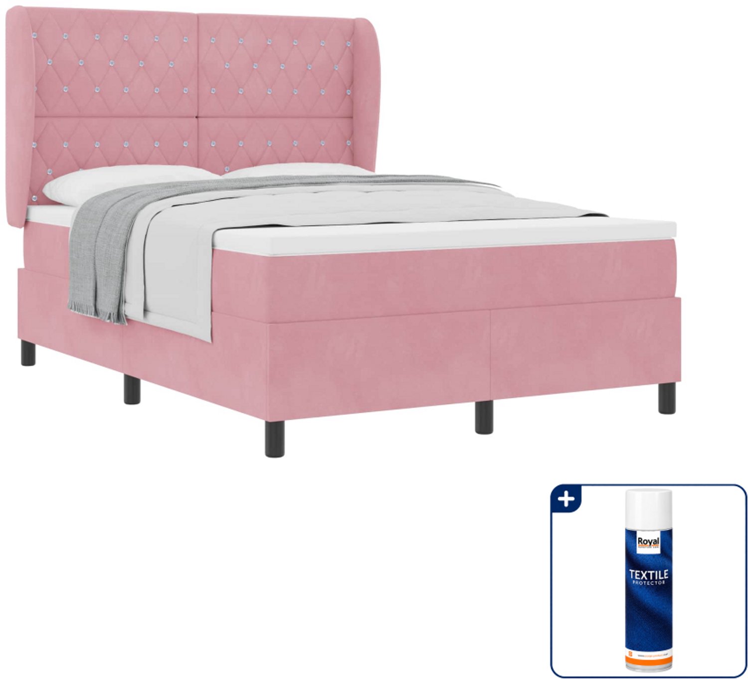 vidaXL Boxspringbed - Queensize 160 x 200 cm - fluweel - roze - Inclusief textielbeschermer 500 ml