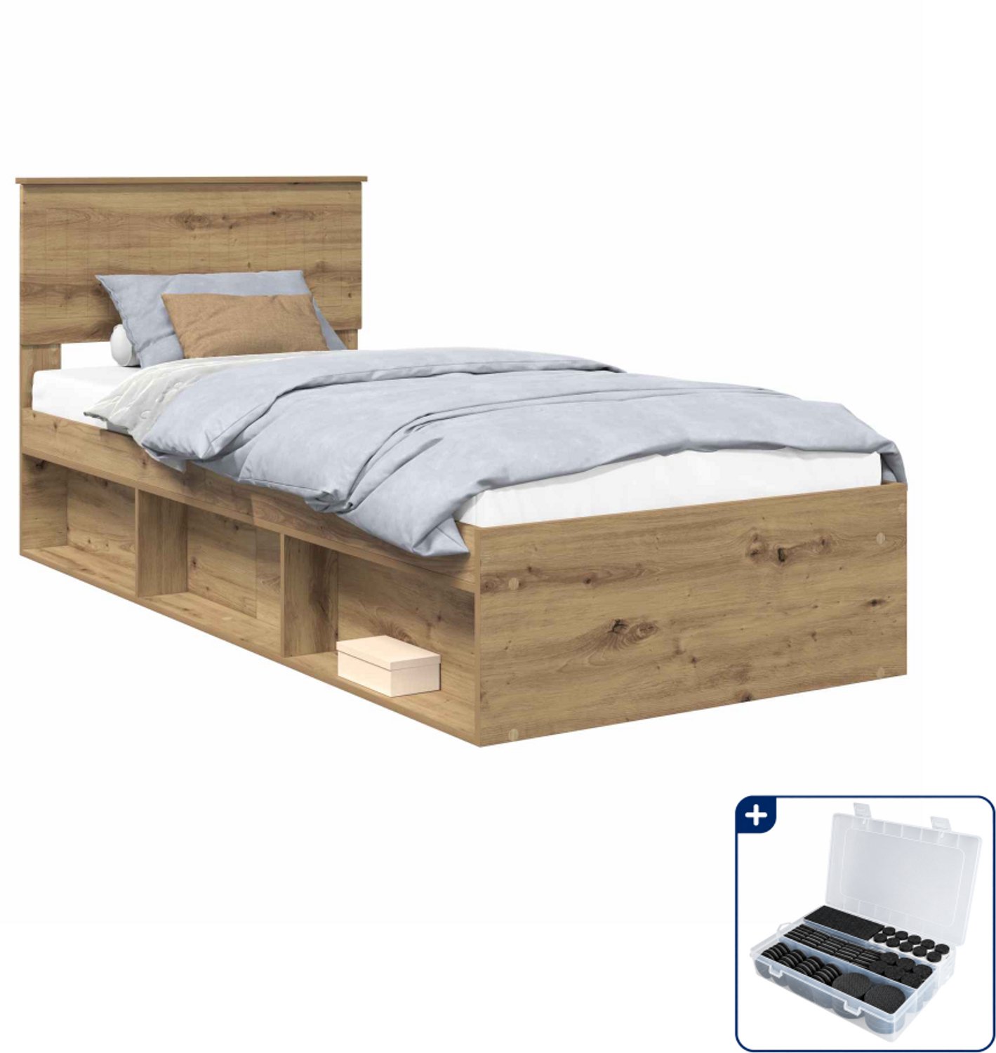 vidaXL Bedframe - 90 x 200 cm - artisanaal eiken - Inclusief antikrasvilt 177-delig Zwart