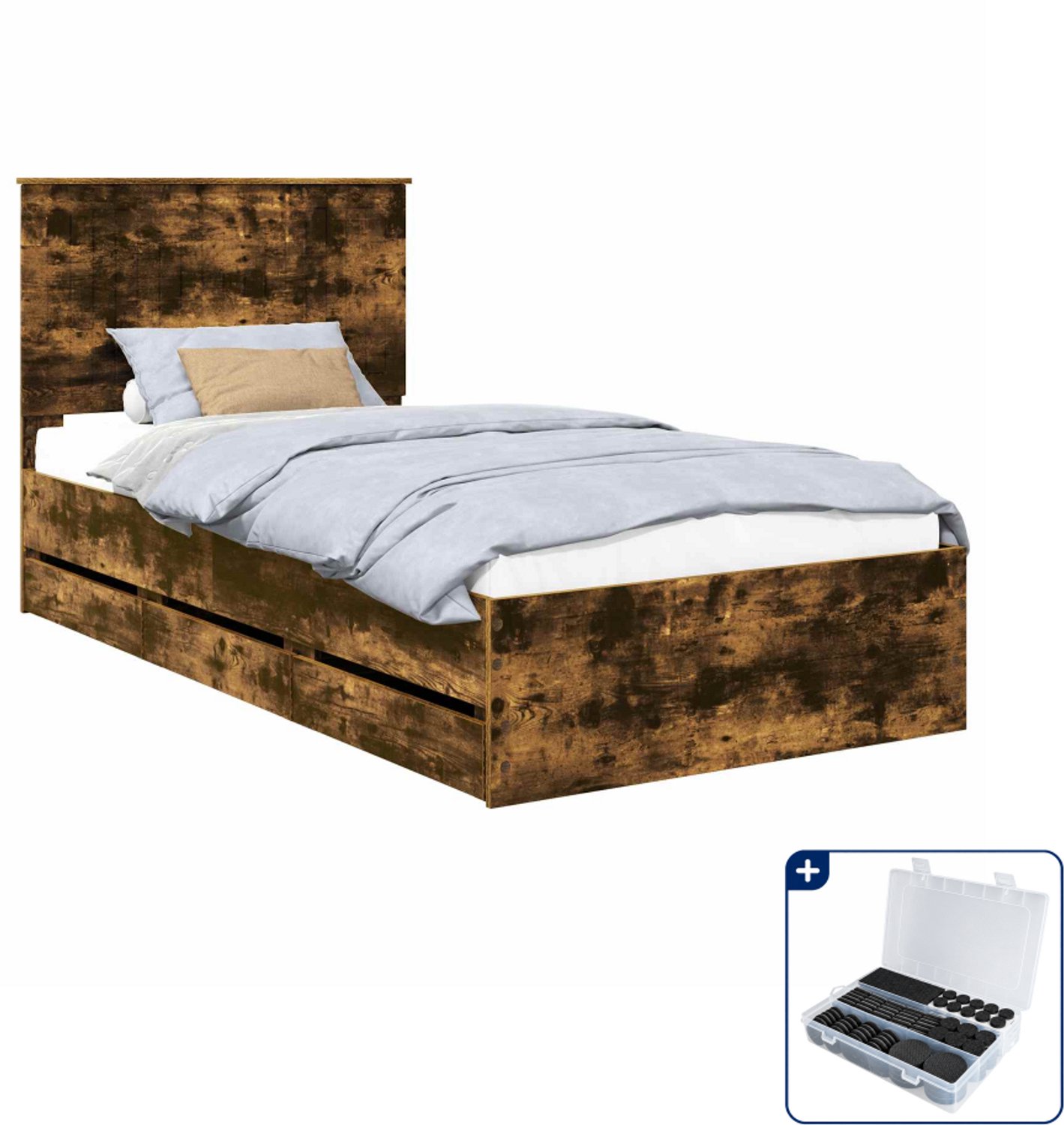 vidaXL Bedframe met lade - 100 x 200 cm - bewerkt hout - gerookt eiken - Inclusief antikrasvilt 177-delig Bruin
