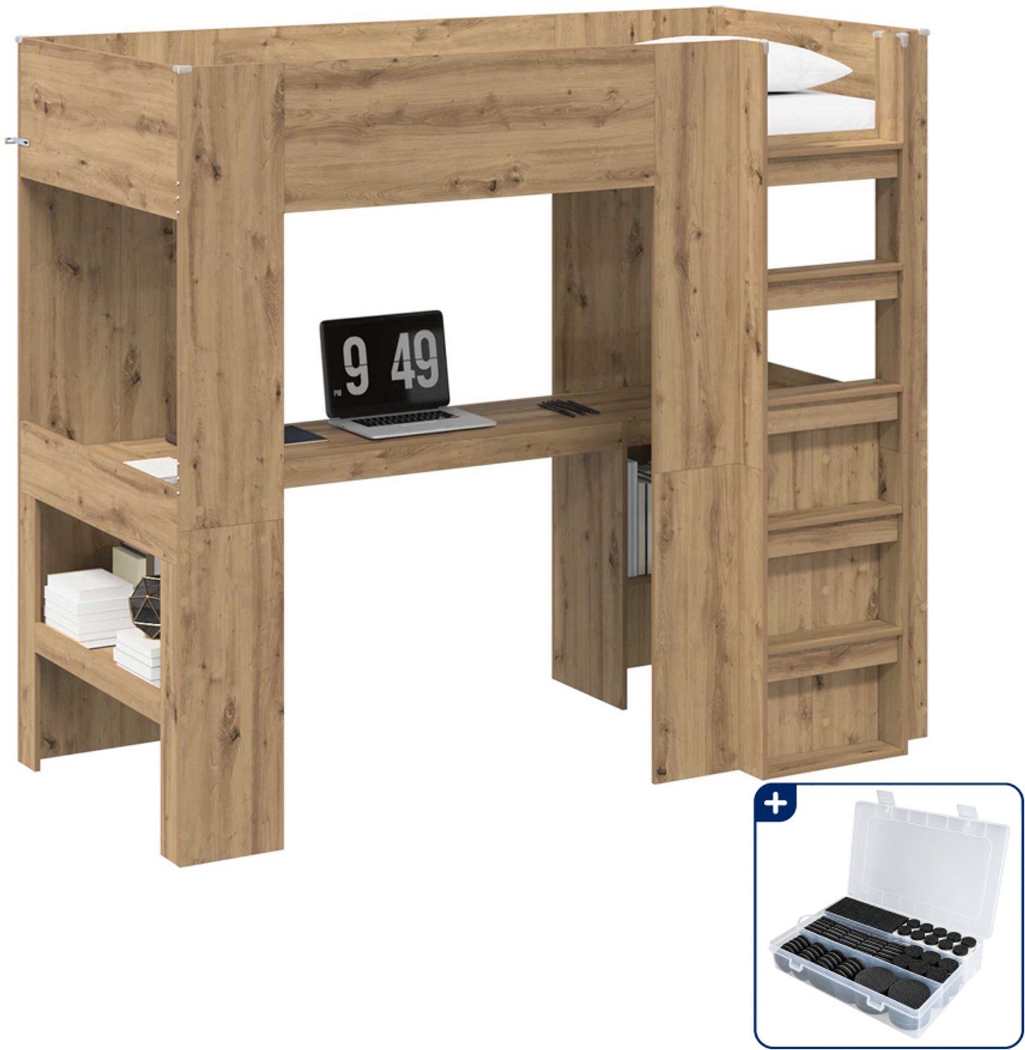vidaXL loftbed met bureau - 90 x 190 cm - bewerkt hout - artisan eiken - Inclusief antikrasvilt 177-delig Grijs