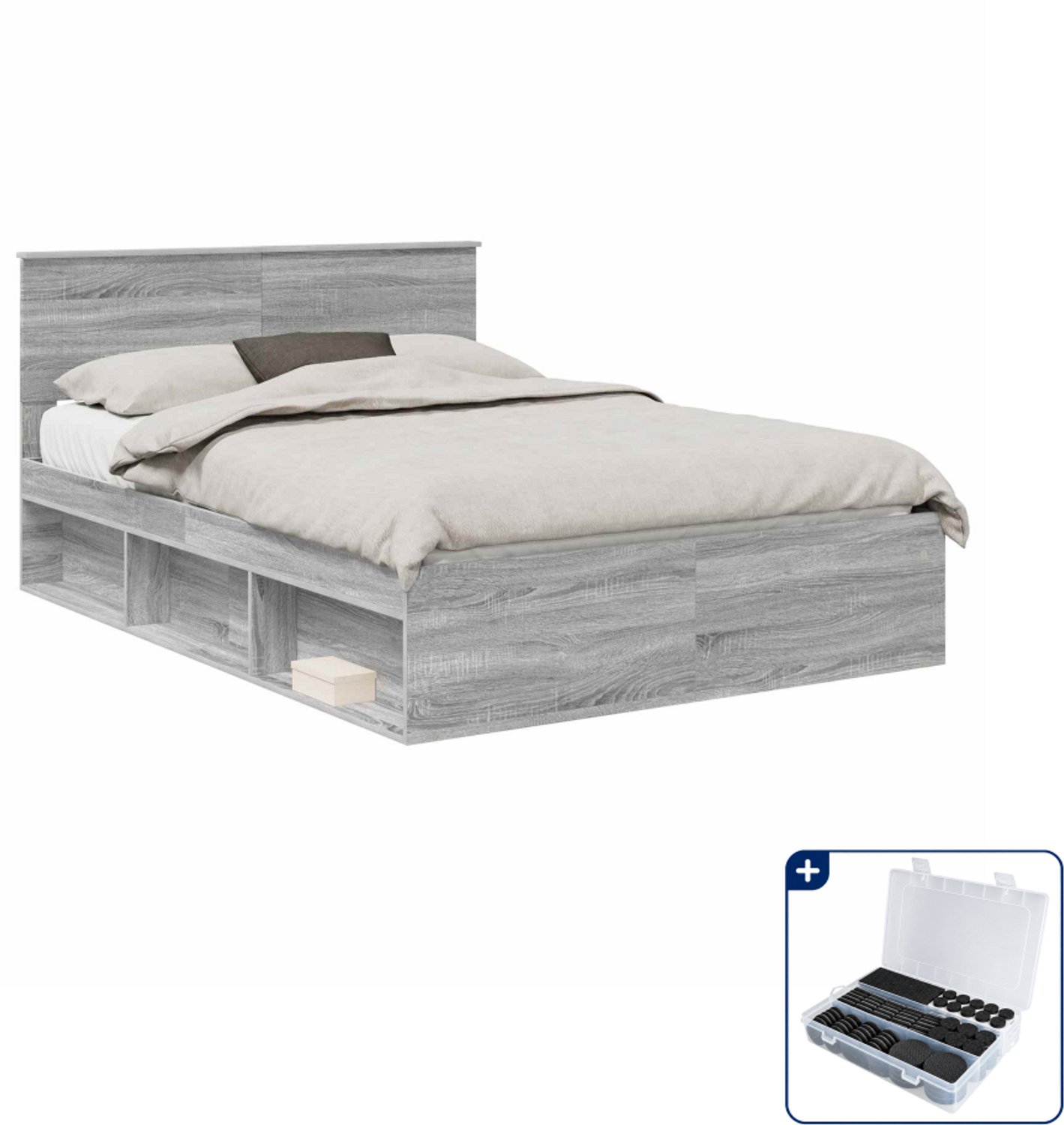 vidaXL Bedframe - 140 x 190 cm - bewerkt hout - grijs sonoma - Inclusief antikrasvilt 177-delig Bruin