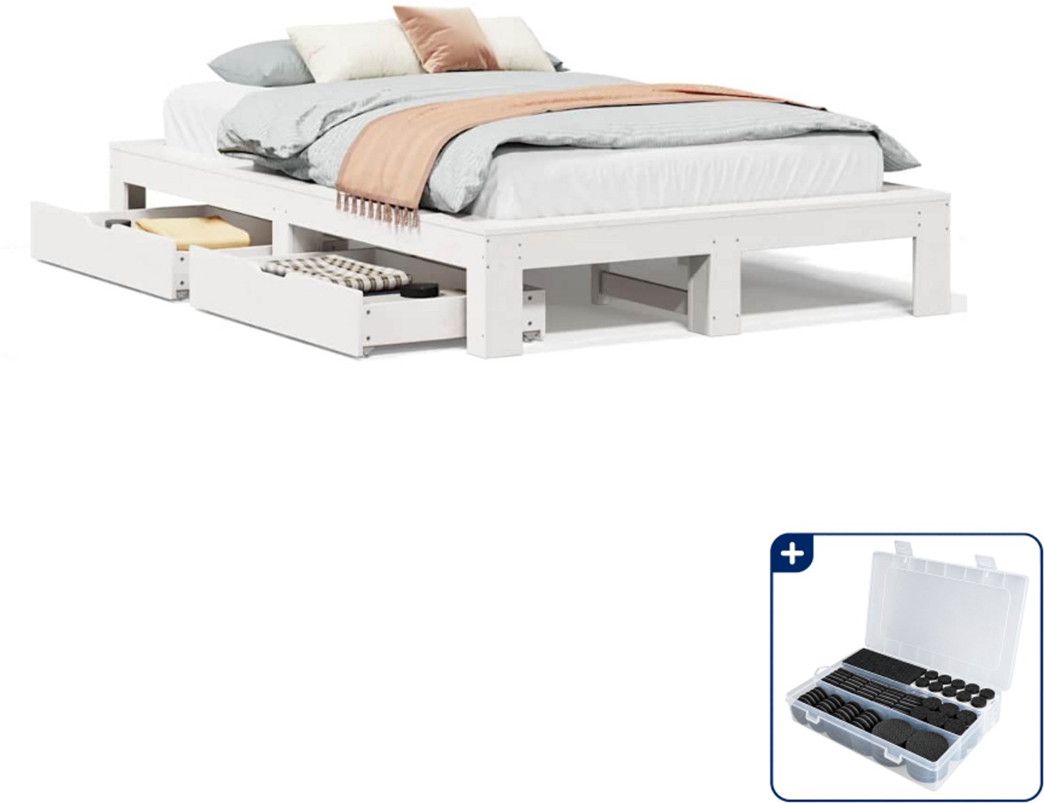 vidaXL bedframe - 135 x 190 cm - massief grenenhout - wit - Inclusief antikrasvilt 177-delig Taupe