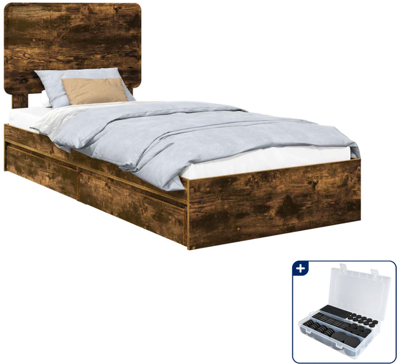 vidaXL bed met lade - 100 x 200 cm - bewerkt hout - gerookt eiken - Inclusief antikrasvilt 177-delig Bruin
