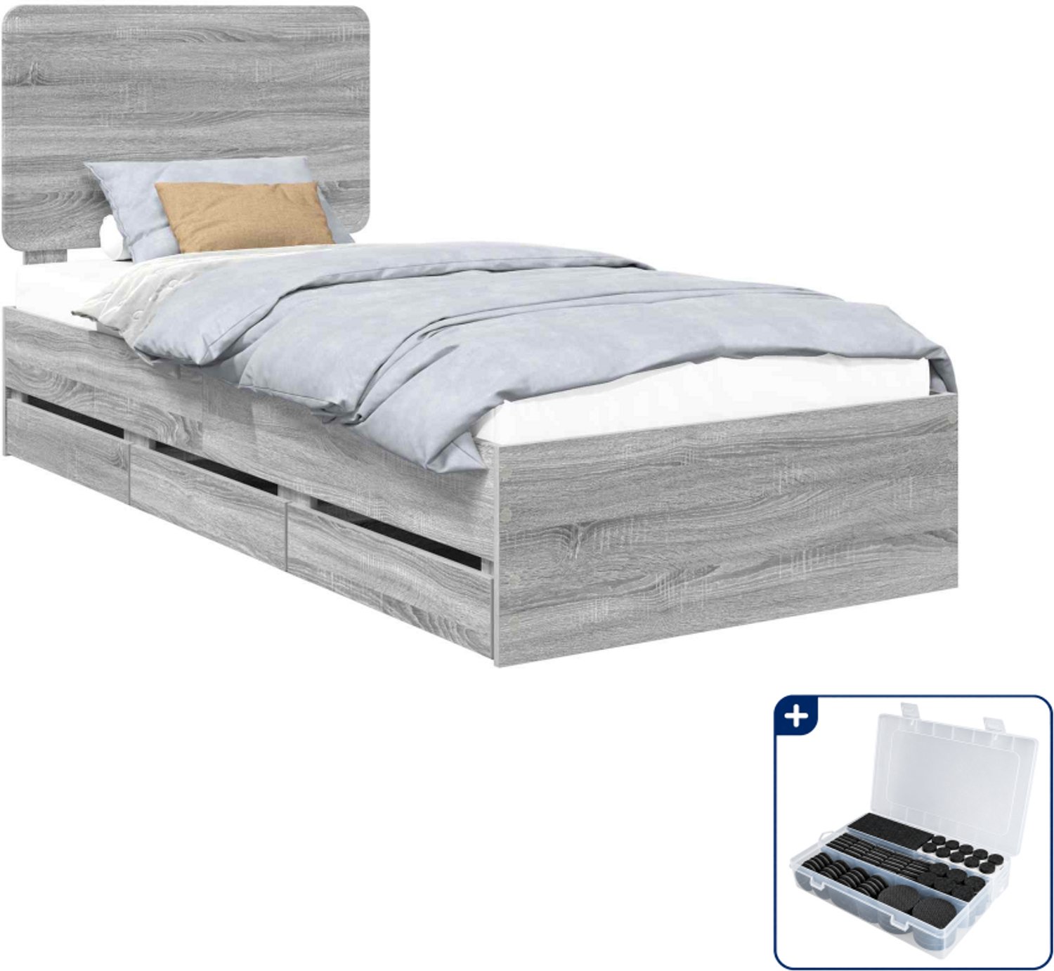 vidaXL bedframe - 75 x 190 cm - bewerkt hout - grijs sonoma - Inclusief antikrasvilt 177-delig