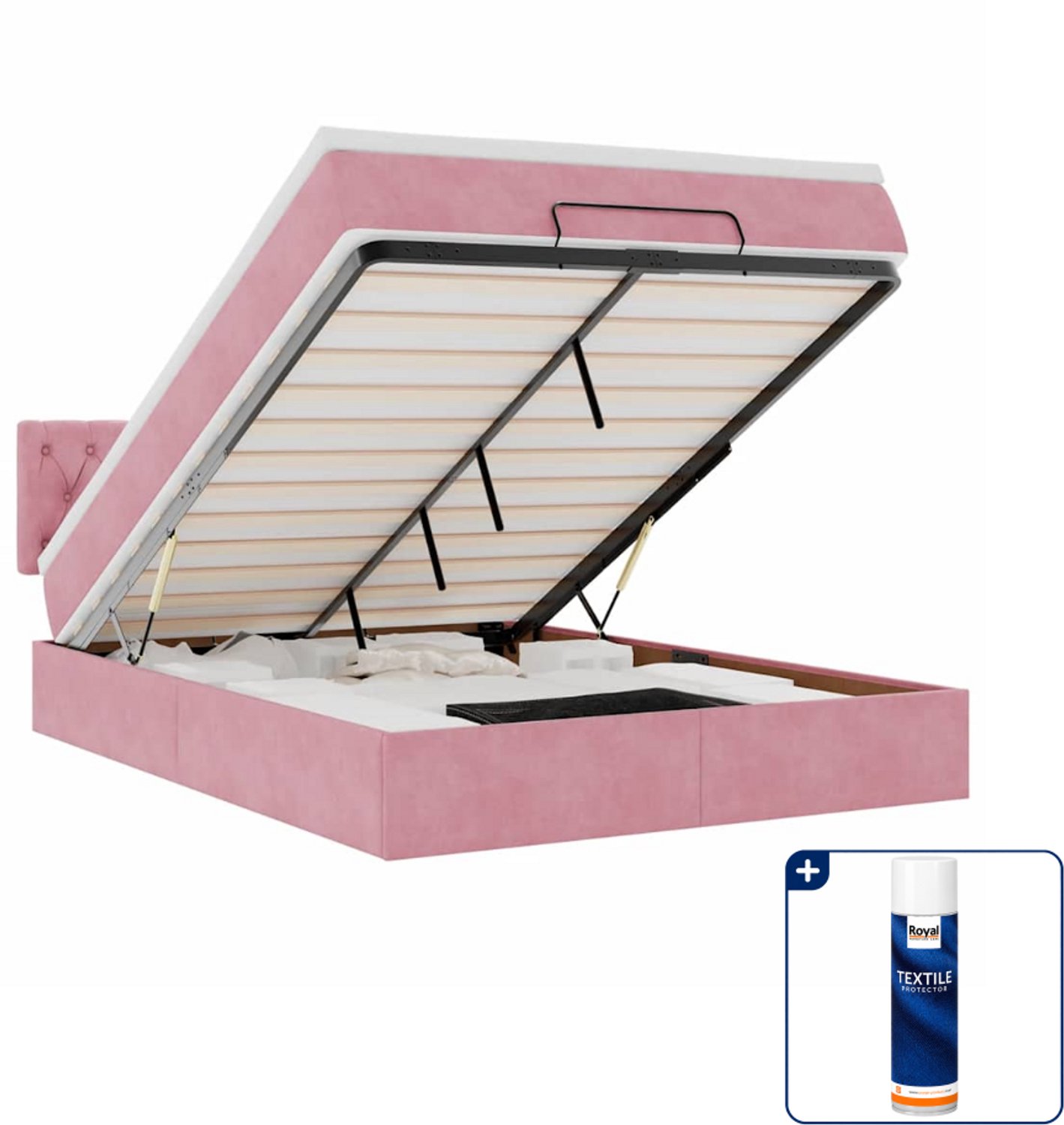vidaXL ottoman bed met matras - 140 x 190 cm - fluweel - roze - Inclusief textielbeschermer 500 ml Zwart