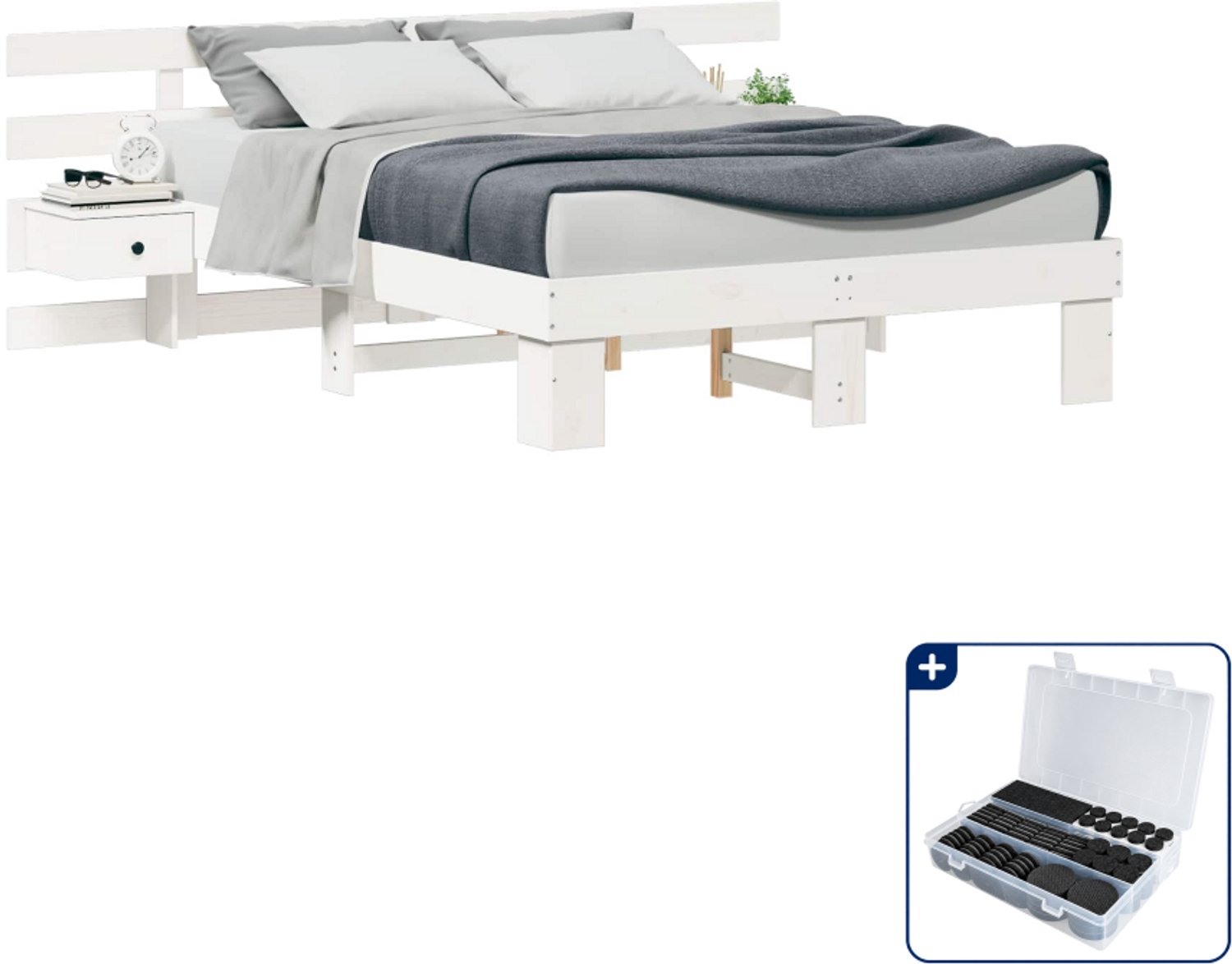 vidaXL bedframe met hoofdeinde - 135 x 190 cm - massief grenenhout - wit - Inclusief antikrasvilt 177-delig Bruin