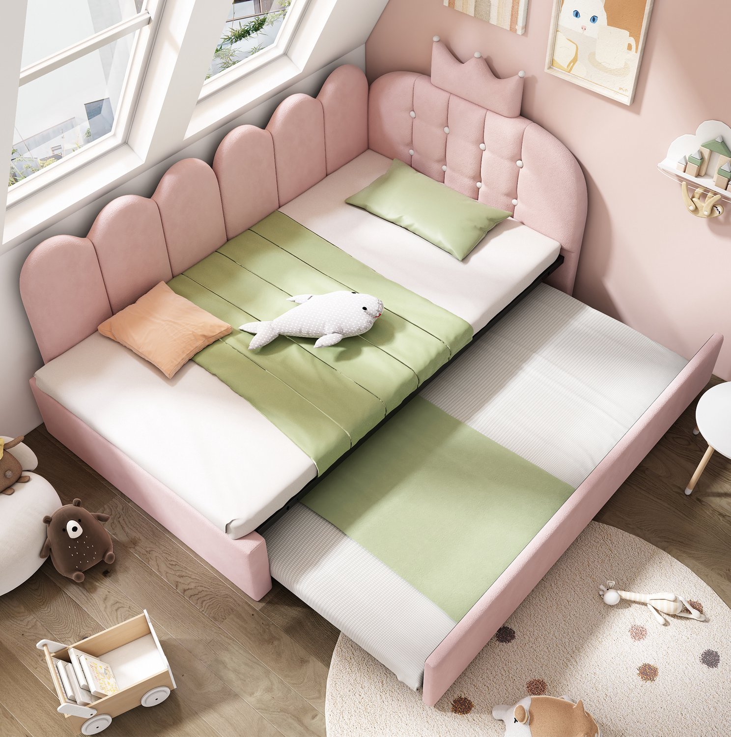 Maisentiel Roze bedbank met uitschuifbed en kroonontwerp - 90 x 200 cm - fluwelen bekleding