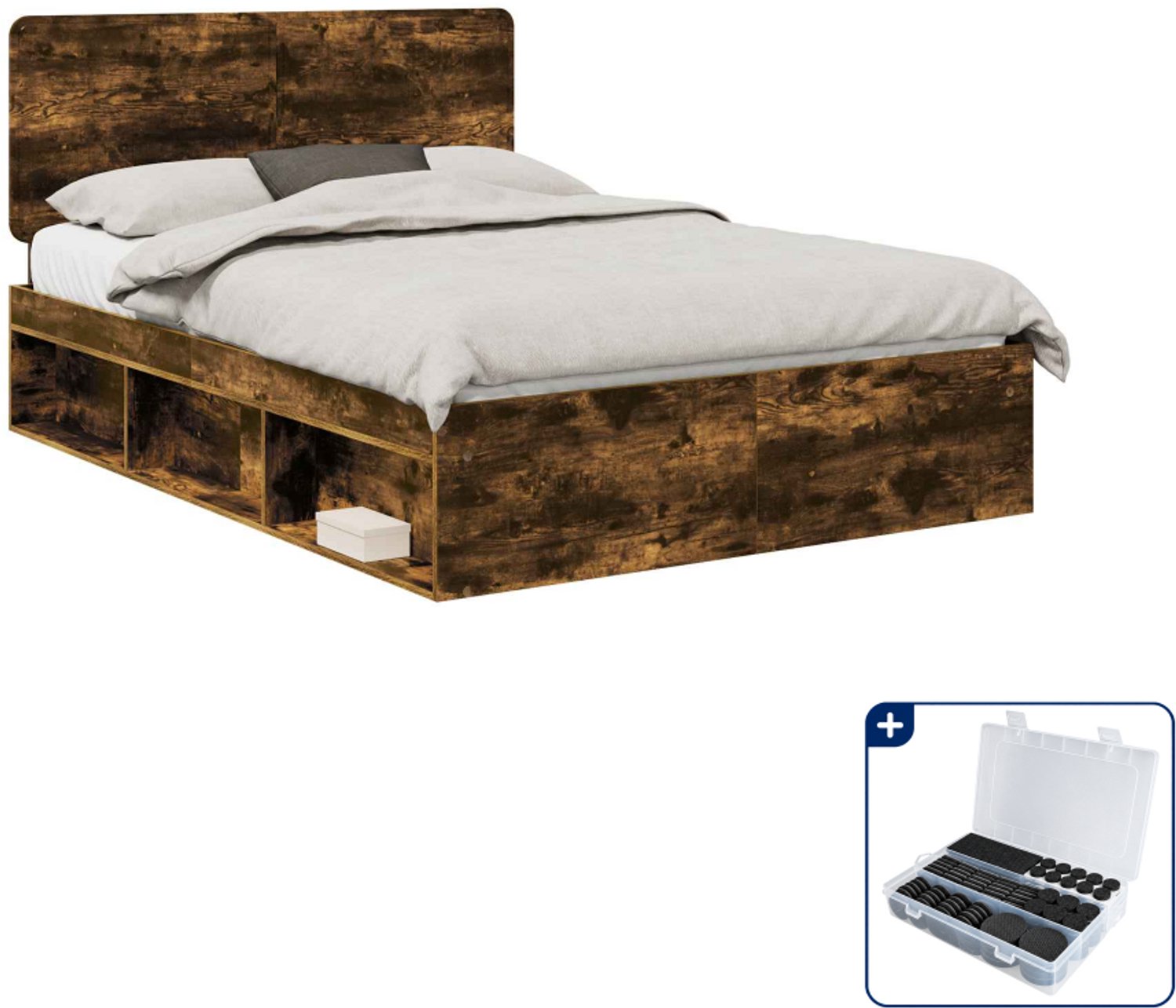 vidaXL bedframe - 140 x 190 cm - massief grenenhout - gerookt eiken - Inclusief antikrasvilt 177-delig