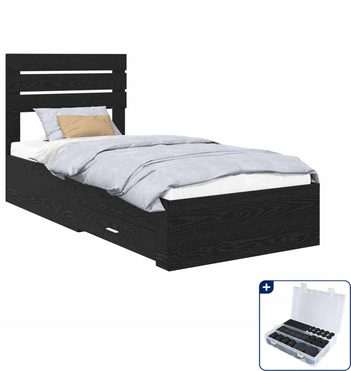 vidaXL bedframe met lade - 90 x 200 cm - bewerkt hout - zwart eiken - Inclusief antikrasvilt 177-delig