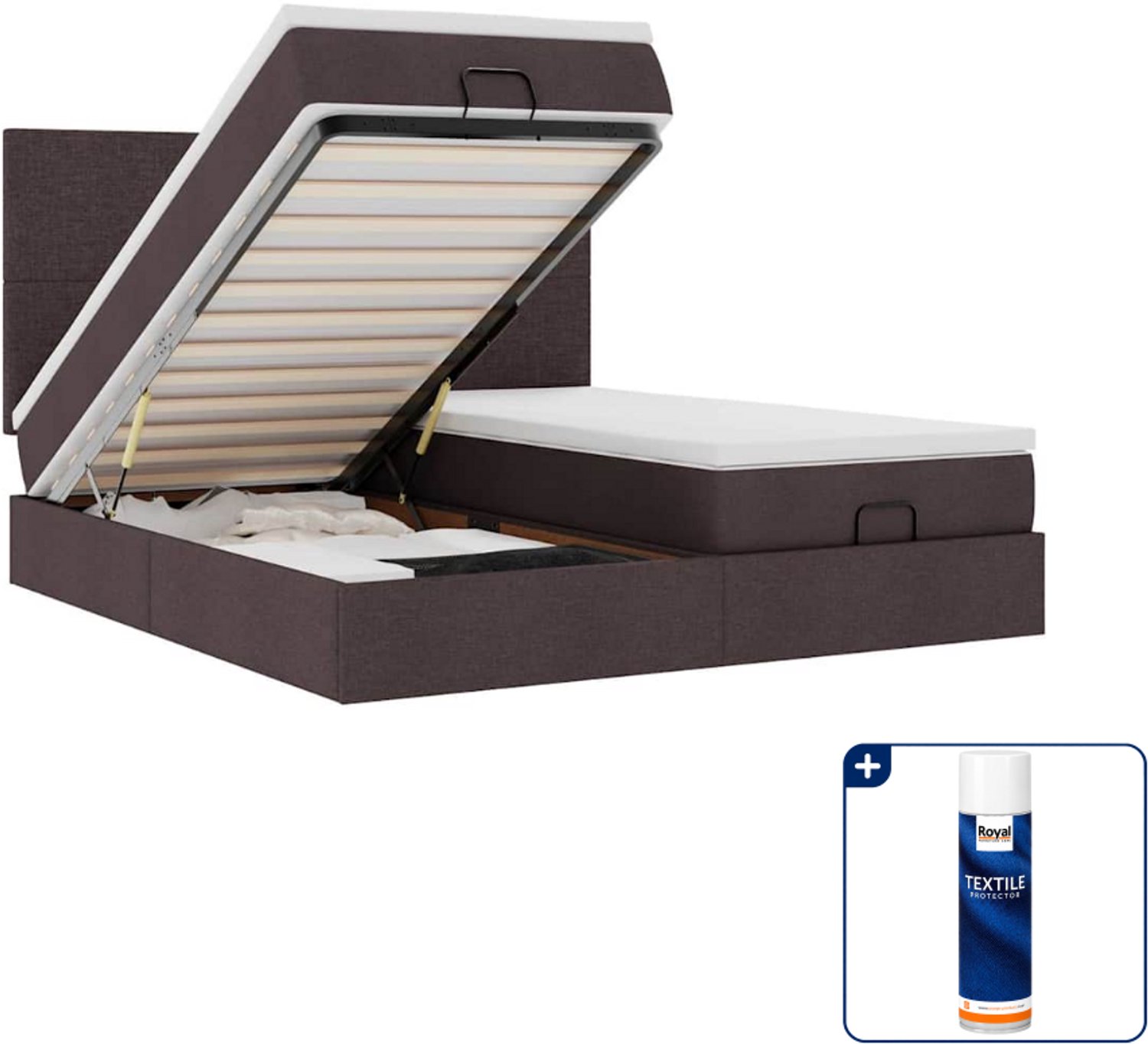 vidaXL ottoman bed Kingsize - 180 x 200 cm - stof - donkerbruin - Inclusief textielbeschermer 500 ml Grijs