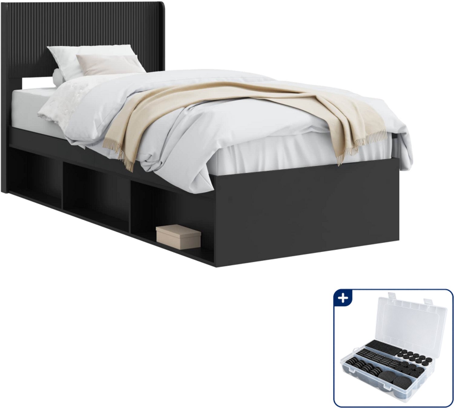 vidaXL bedframe met opbergruimte - 100 x 200 cm - zwart - Inclusief antikrasvilt 177-delig