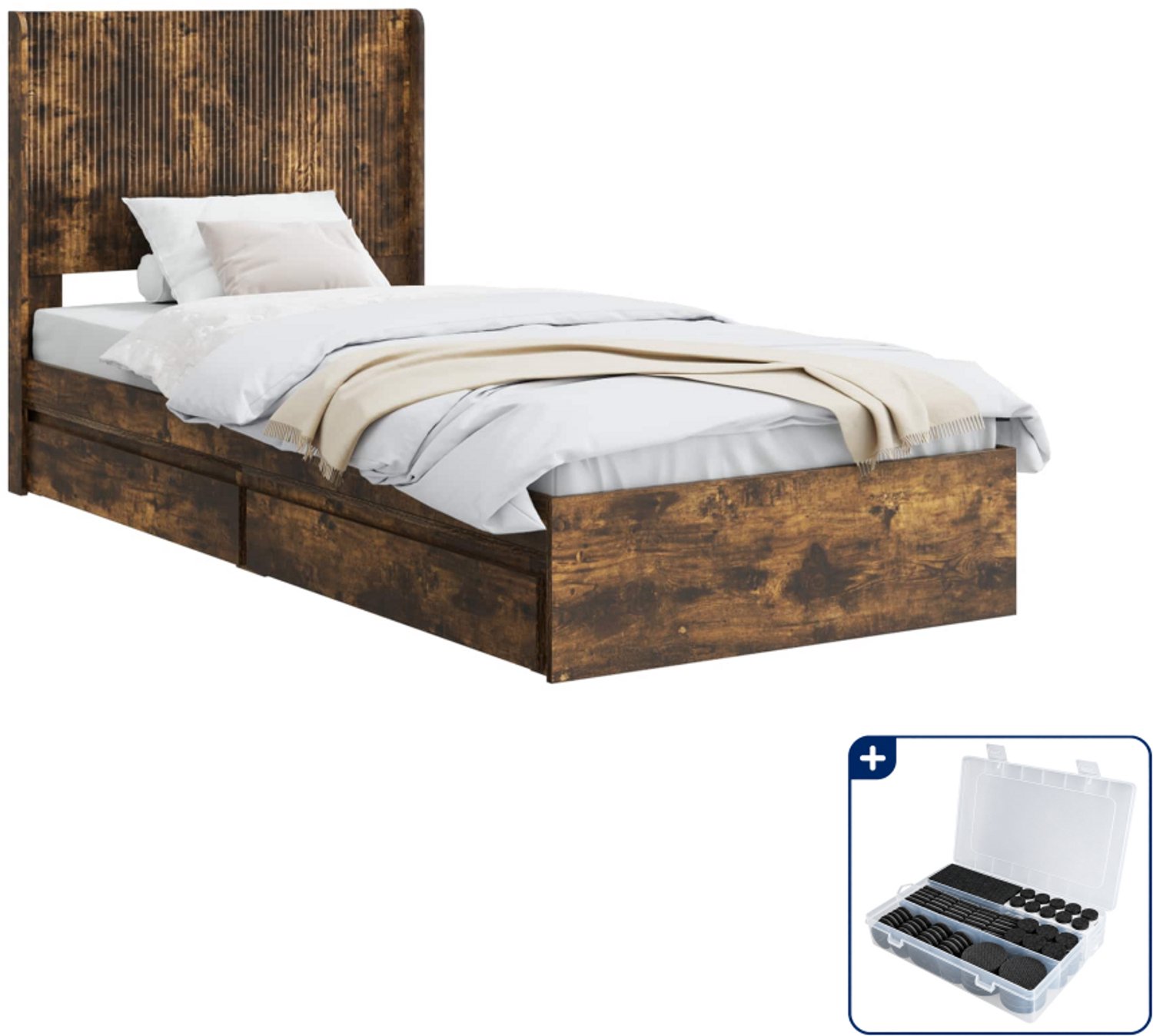 vidaXL bedframe met opbergruimte - 200 x 90 cm - bewerkt hout - eiken - Inclusief antikrasvilt 177-delig Bruin