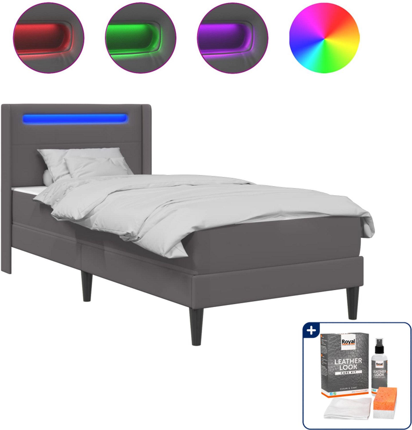 vidaXL bedframe met matras - 100 x 200 cm - kunstleer - grijs - Inclusief onderhoudsset voor kunstleer 150 ml