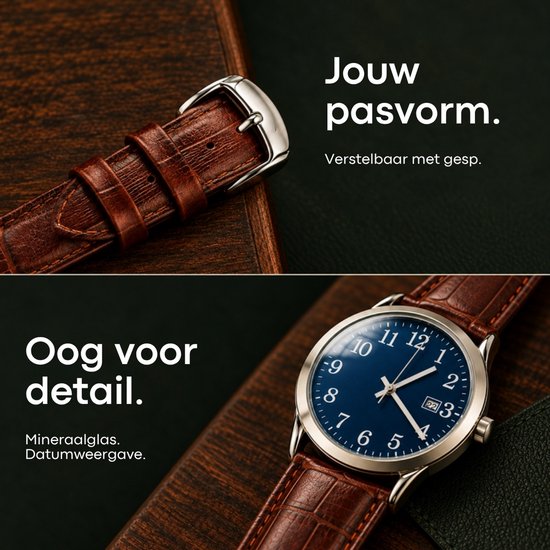 Samenstelling van een bruine lederen band met gesp en een horloge met blauwe wijzerplaat en datumweergave.