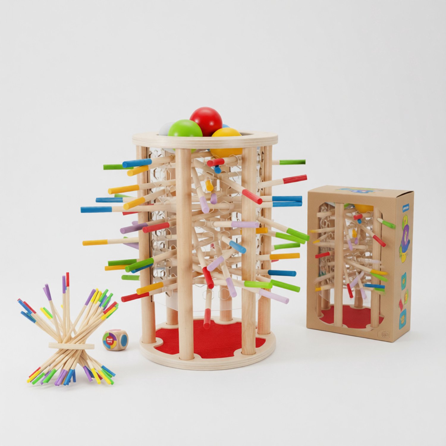 4-in-1 Montessori Houten Balval Spel met Kleurrijke Stokken, Dobbelstenen en Kaarten - Educatief Behendigheidsspel voor Kinderen vanaf 3 jaar