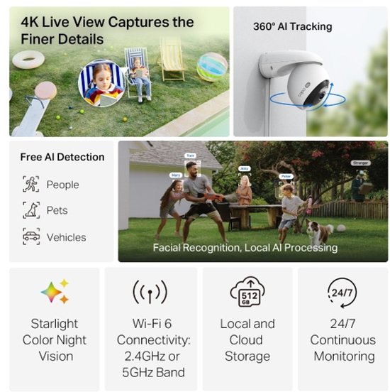 Tapo C560WS Beveiligingscamera Buiten 2-pack - Bundelvoordeel - 4K 8MP - Gezichtsherkenning - 360° Draaibaar - Starlight Kleur Nachtzicht - IP66 Weerbestendig - AI Tracking - Wifi 6 Dual-Band - 18x Zoom - Persoons-, Huisdier- & Voertuigdetectie — afbeelding 2