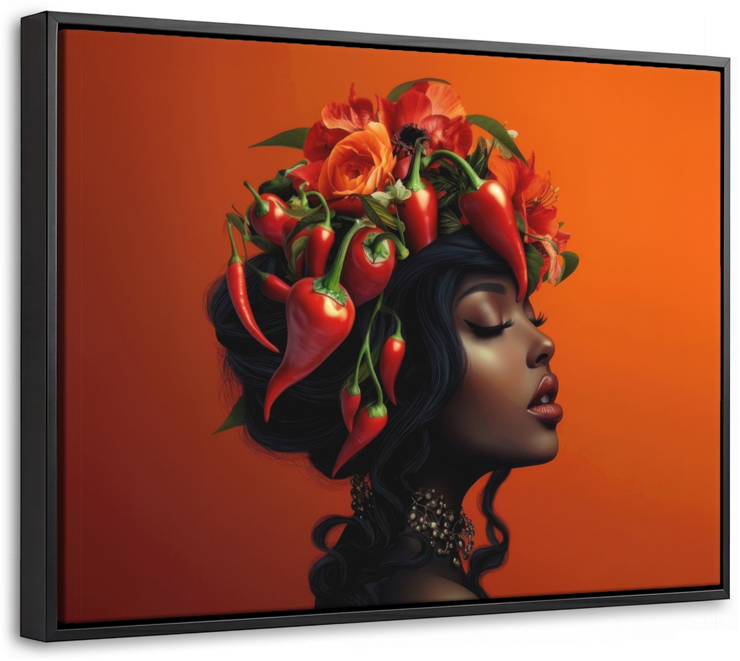 Canvas Schilderij met Baklijst 40x30cm - Vrouw - Chilipepers - Pepers - Bloemen - Muurdecoratie woonkamer - Slaapkamer decoratie - Kamer accessoires - Schilderijen op canvas met lijst