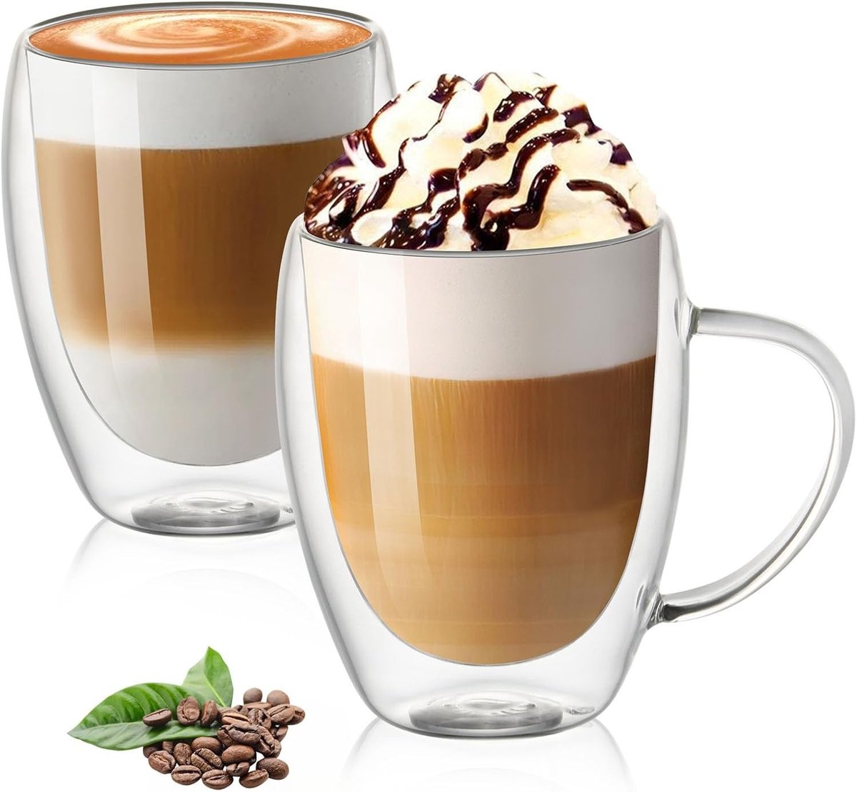 Dubbele Wand Glazen Mokken 2x400ml met Handvat, Isolerende Borosilicate Glazen voor Koffie, Thee en Cappuccino