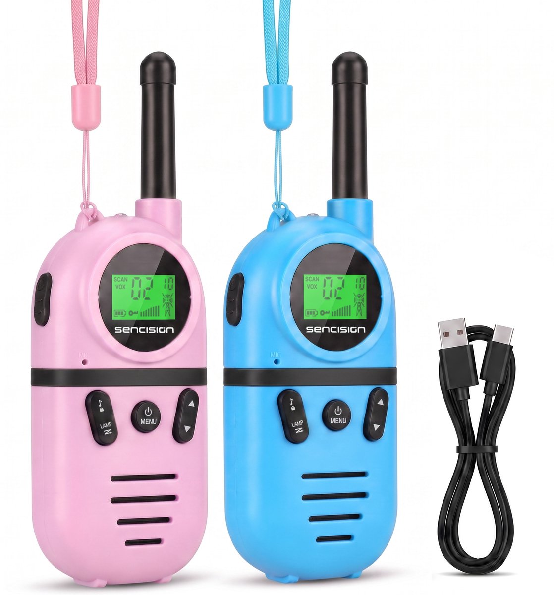 Sencision Walkie Talkie voor Kinderen Oplaadbaar - Portofoon - Walkie Talkie Oplaadbaar - Set van 2 - Tot 5 km Bereik - Zaklamp - Roze/Blauw