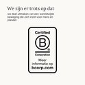 Gecertificeerd B Corporation logo met tekst over mens en planeet.