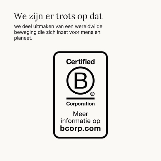Gecertificeerd B Corporation logo met tekst over mens en planeet.