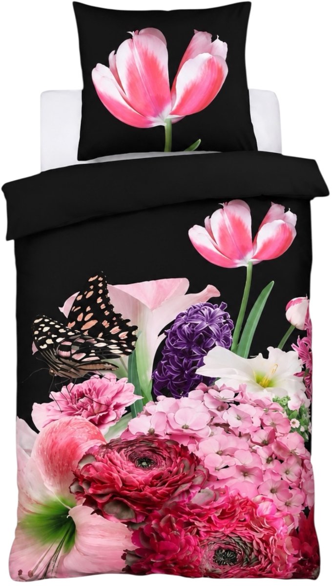 Husch Dekbedovertrek Spring Flower Black - 140x200/220 - Bloemen - Zwart/Multi